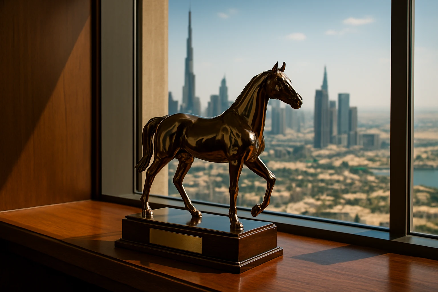 A gleaming racehorse statuette adorned with a gold plaque sits prominently on a polished wooden shelf in a luxury Dubai apartment, with a panoramic window view of the vibrant cityscape and desert horizon beyond.