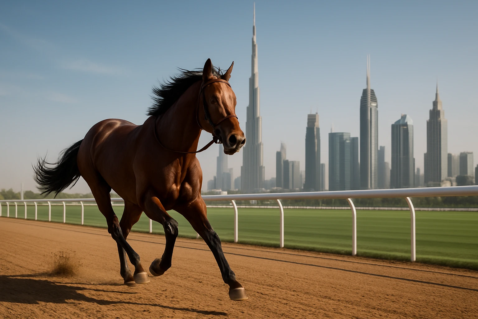 A sleek racehorse gallops down the sunlit Meydan Racecourse in Dubai, with the futuristic skyline in the background, capturing the energy of fixed-cost syndicate investments in the thriving horse racing scene.