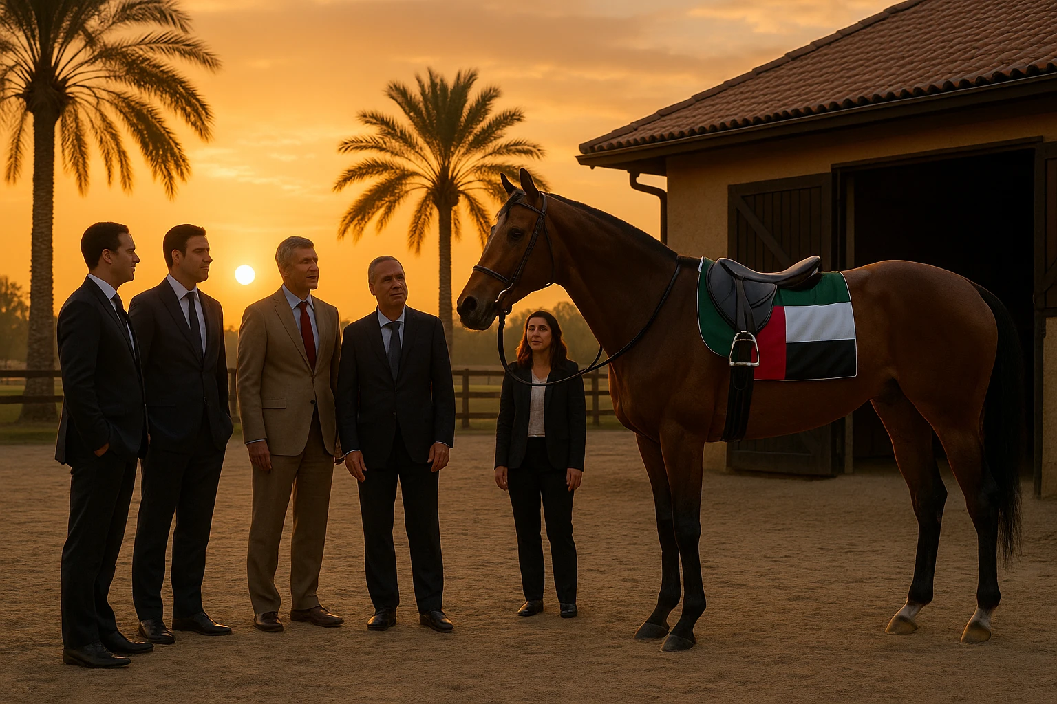A group of investors stands around a stable at sunset, admiring a racehorse wearing a saddle adorned with the Dubai flag, while palm trees sway gently nearby.