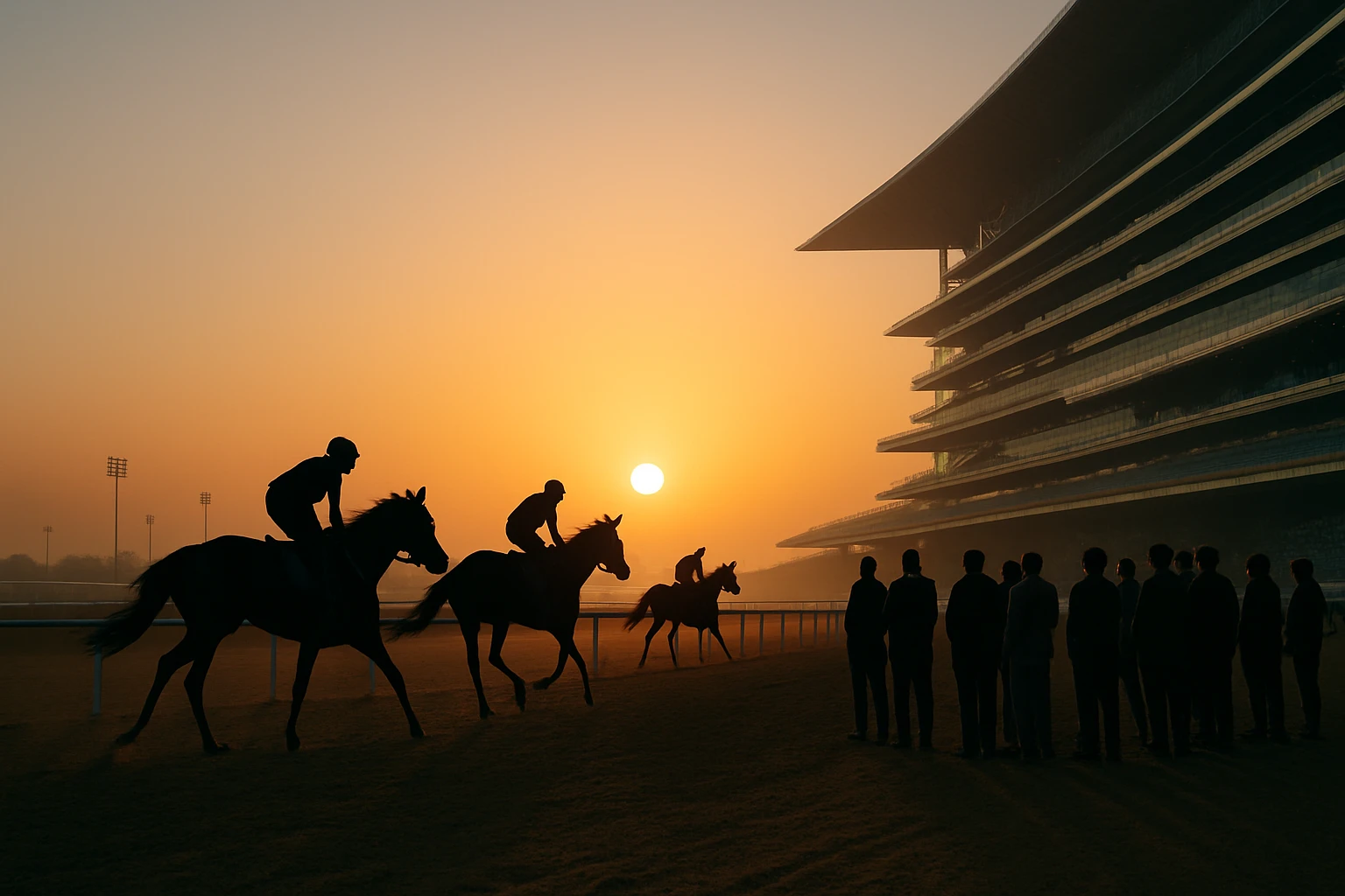 A panoramic view of Meydan Racecourse during an early morning workout, with racehorses galloping along the track, their silhouettes outlined against a rising sun, capturing the anticipation of investors waiting to buy a share in future champions.