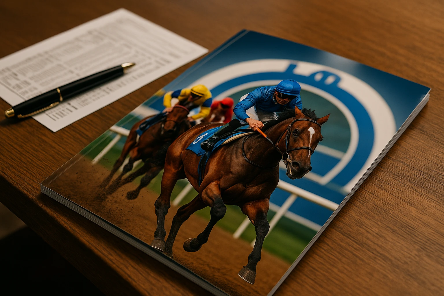 A close-up of a glossy brochure featuring racehorses in action with the Meydan Racecourse logo prominently displayed, resting on a wooden table next to a racing program and a pen, capturing the anticipation and excitement of investing in a horse syndicate.