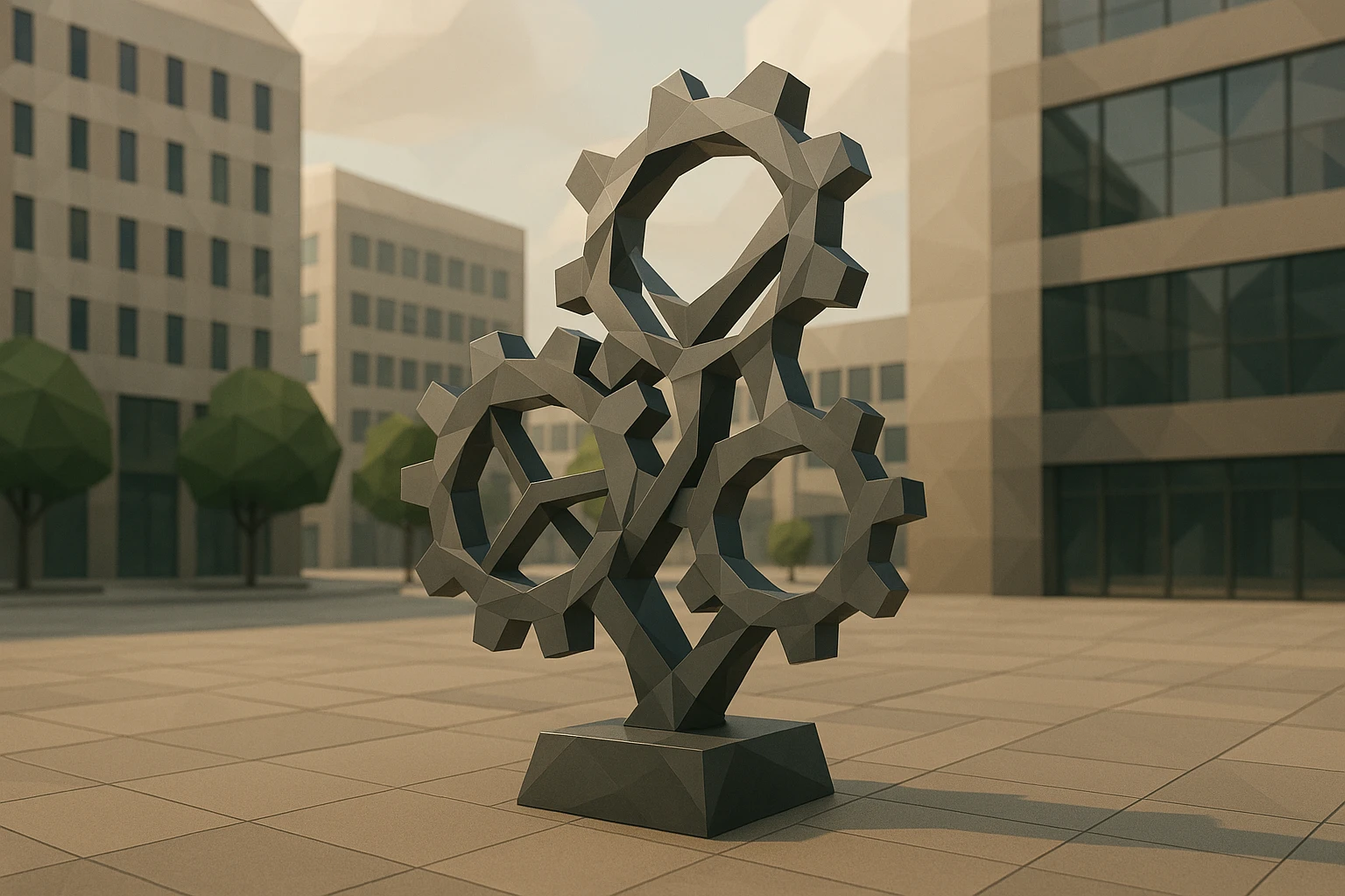 A sleek modern sculpture made of intersecting metal gears and cogs in an outdoor urban plaza, symbolizing the integration of technology and strategic decision-making in business intelligence.