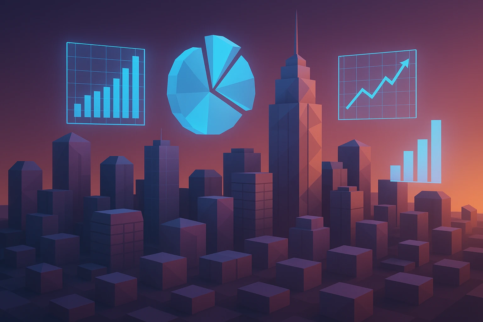 A futuristic cityscape at dusk with holographic data charts and graphs projected above buildings, symbolizing the integration of business intelligence technology in urban development.