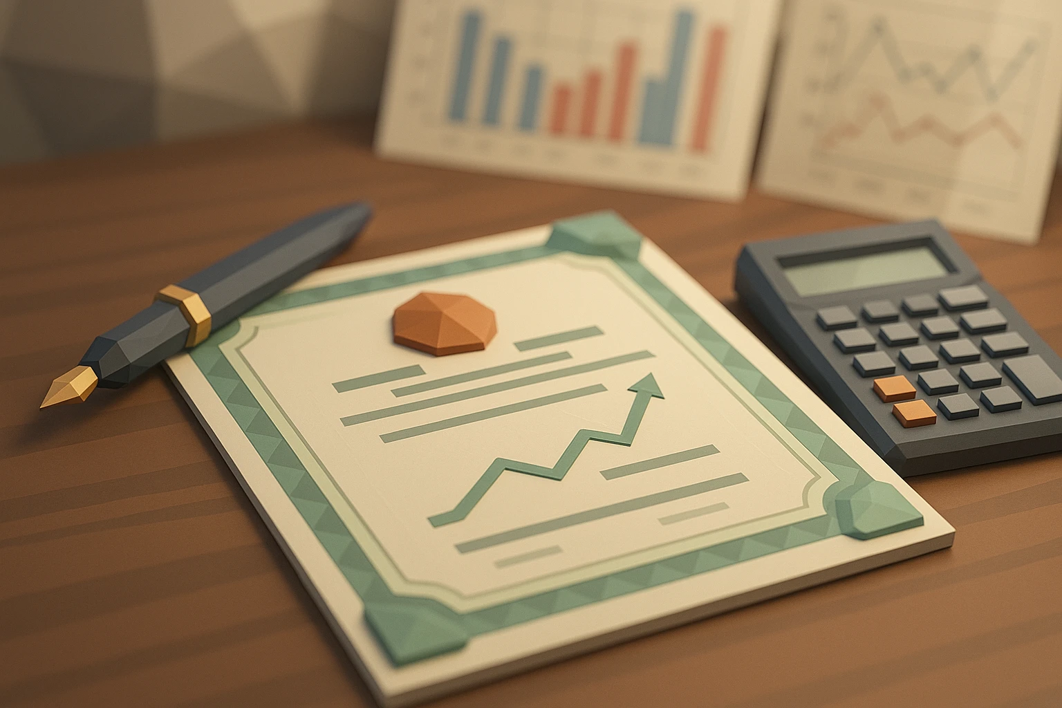 A close-up of a stock certificate lying on a wooden table, surrounded by a pen and a calculator, with a blurred background of financial graphs on printed paper.