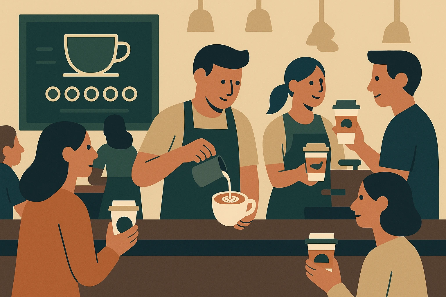 A bustling coffee shop with a chalkboard displaying a 