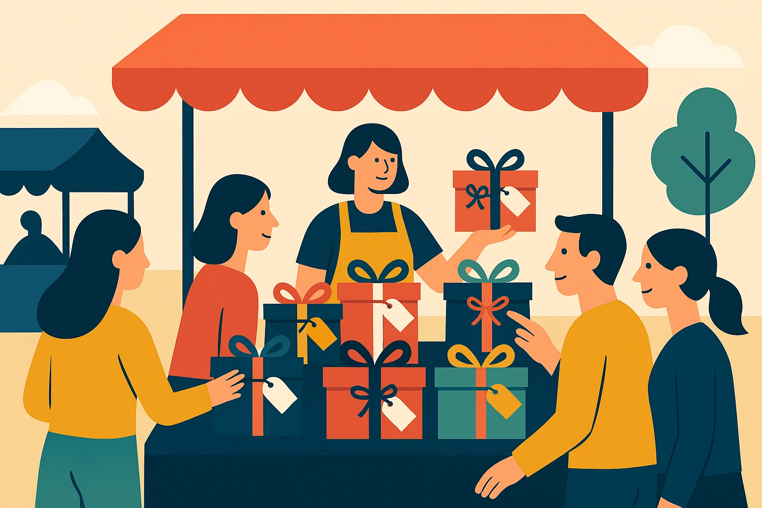 A bustling outdoor farmers market with a stall displaying an array of personalized gift boxes, each tagged with customers' names and adorned with decorative ribbons, while customers excitedly choose their tailored packages.