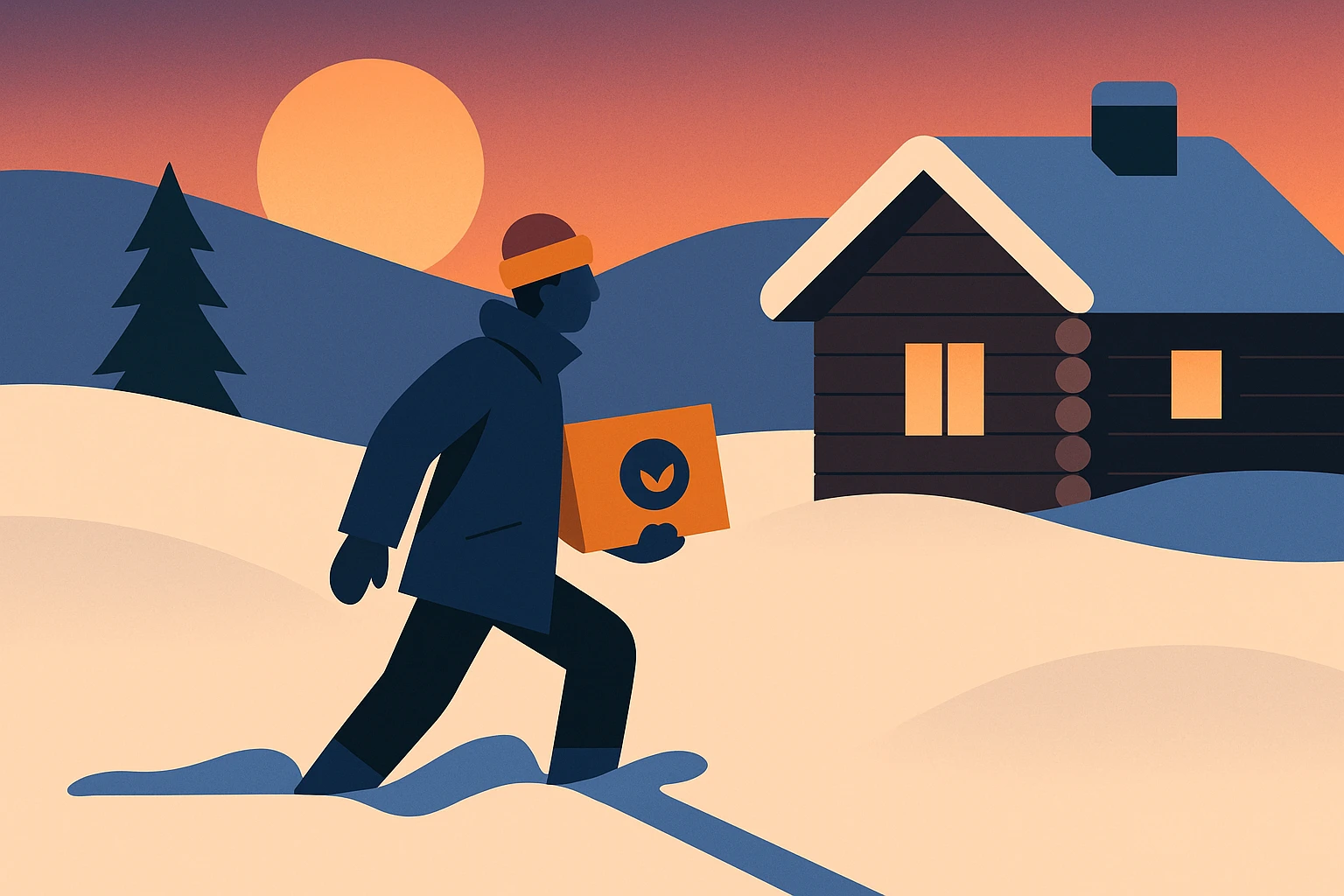 A representative in a winter coat, trudging through knee-deep snow, approaches a rustic cabin at dusk with a branded parcel in hand, capturing the essence of dedication and tangible customer service.