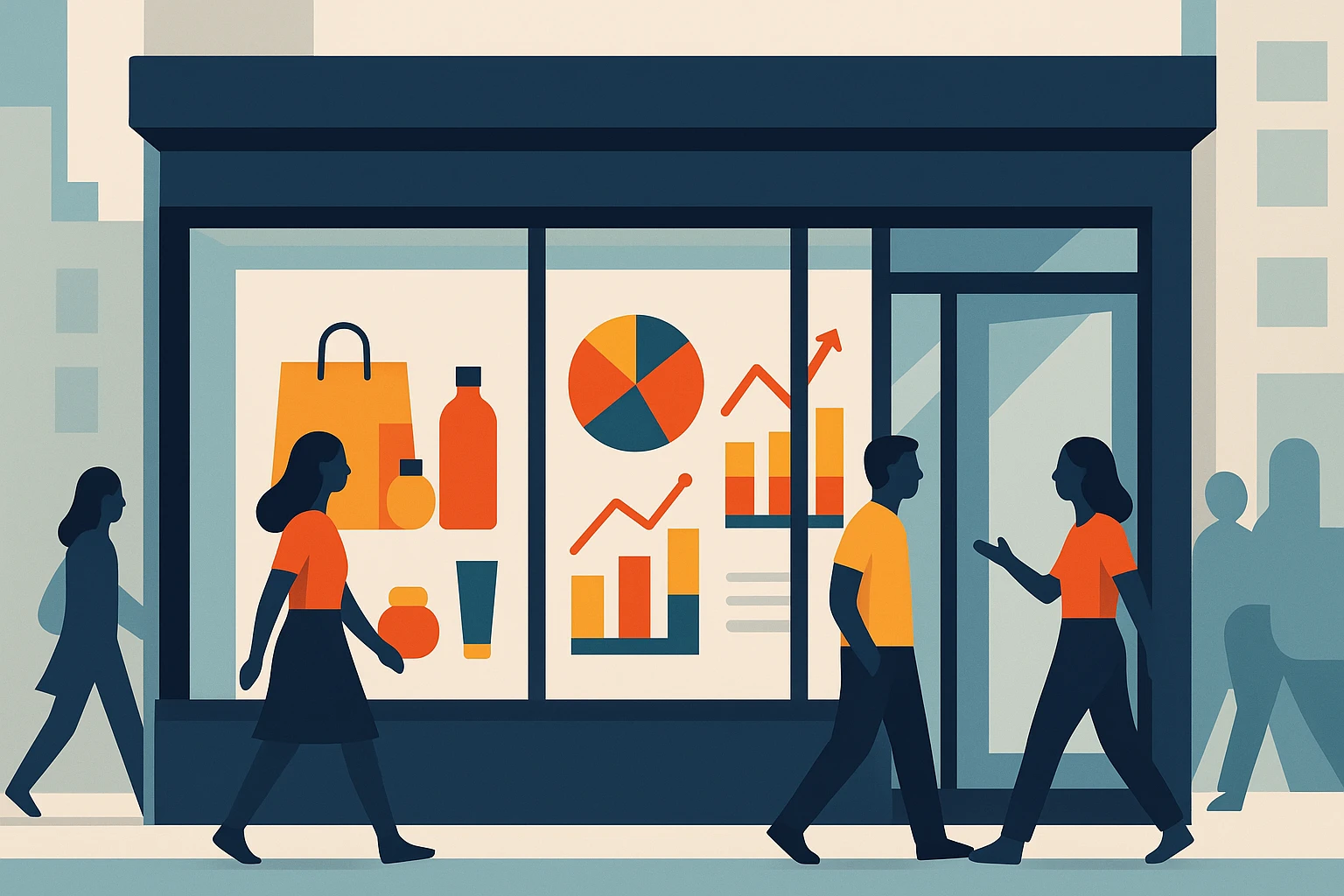 A sleek, modern storefront with large glass windows showcasing a vibrant display of products and dynamic infographics, capturing the buzz of customers engaging with a brand in a bustling urban environment.