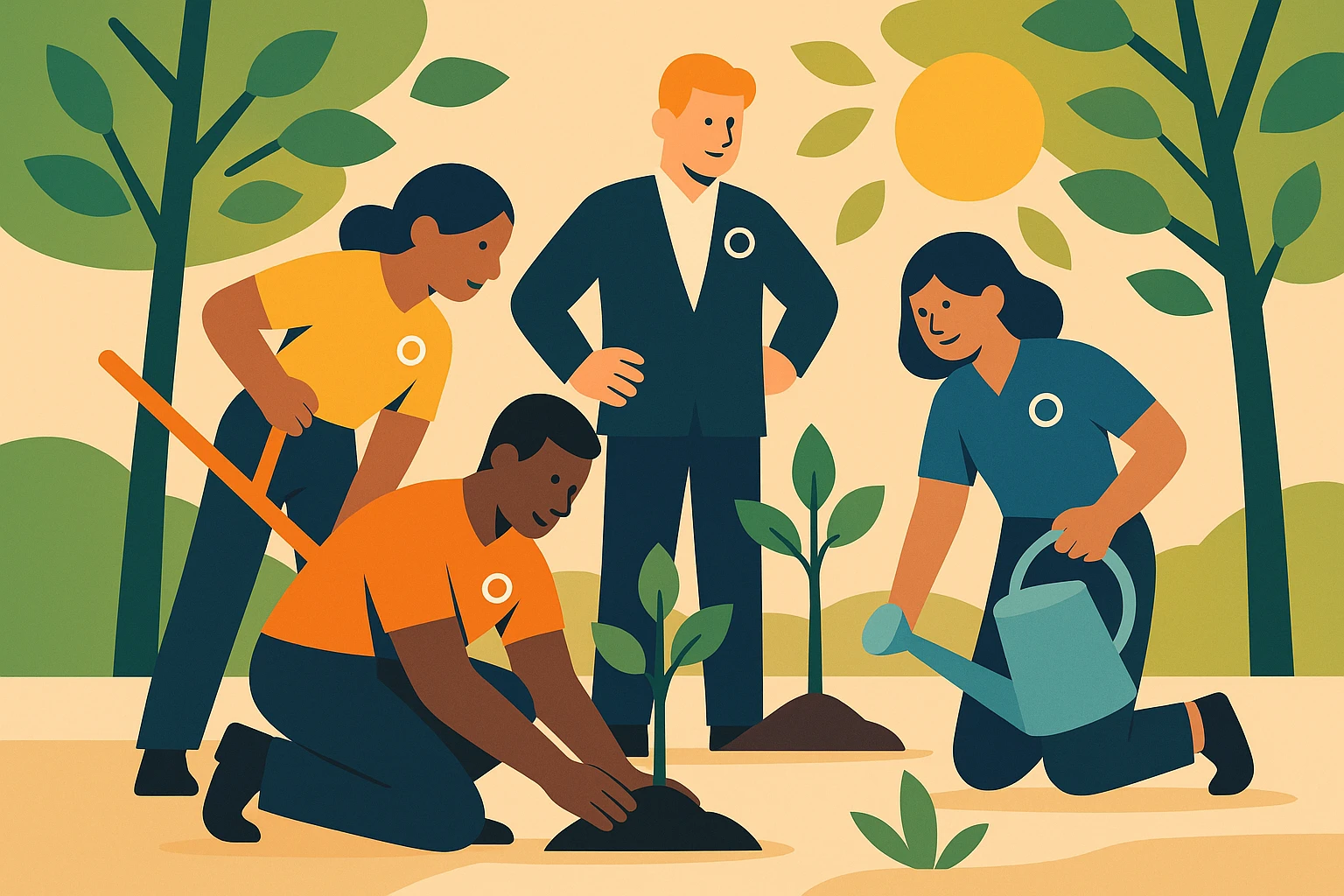 A group of diverse business professionals plants young saplings in a community garden, wearing branded uniforms that highlight teamwork and corporate social responsibility, as sunlight filters through the leaves.