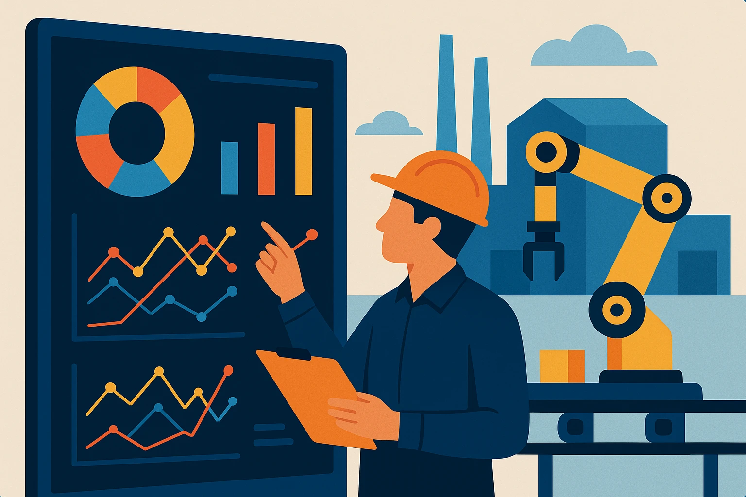 A dynamic scene of a factory floor where a plant manager reviews a colorful data visualization on a large digital display, with machinery in the background executing precise operations, highlighting the impact of tech analytics in a tangible setting.