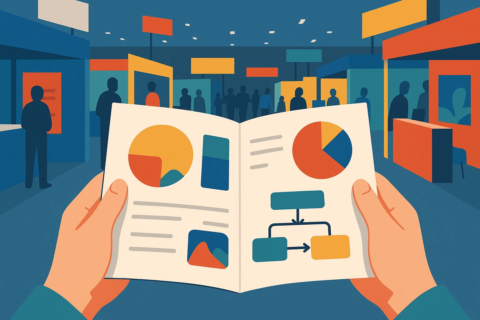 A close-up of hands holding an open brochure featuring vivid illustrations and simplified diagrams, set against the backdrop of a bustling trade show floor with colorful booths and banners in the distance.