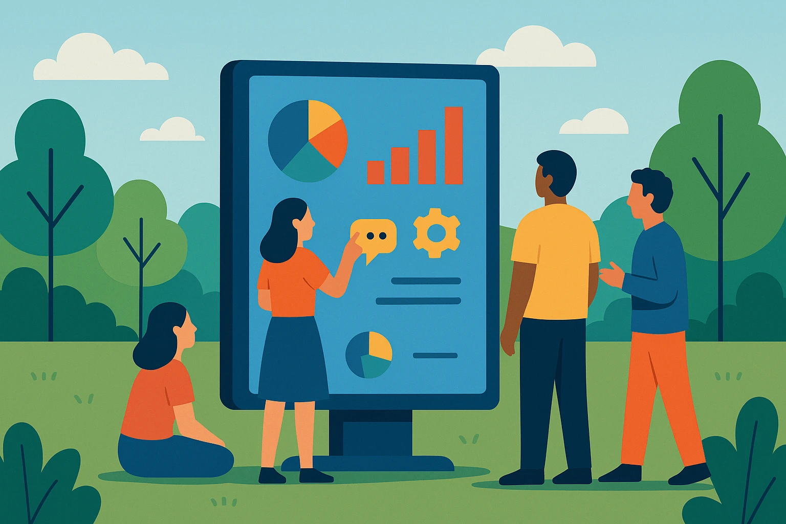A vibrant outdoor setting shows a group of people interacting with a large, interactive touchscreen display in a park. The screen features colorful graphs and icons representing data insights, surrounded by engaged onlookers discussing and pointing, illustrating the integration of tech into everyday environments.