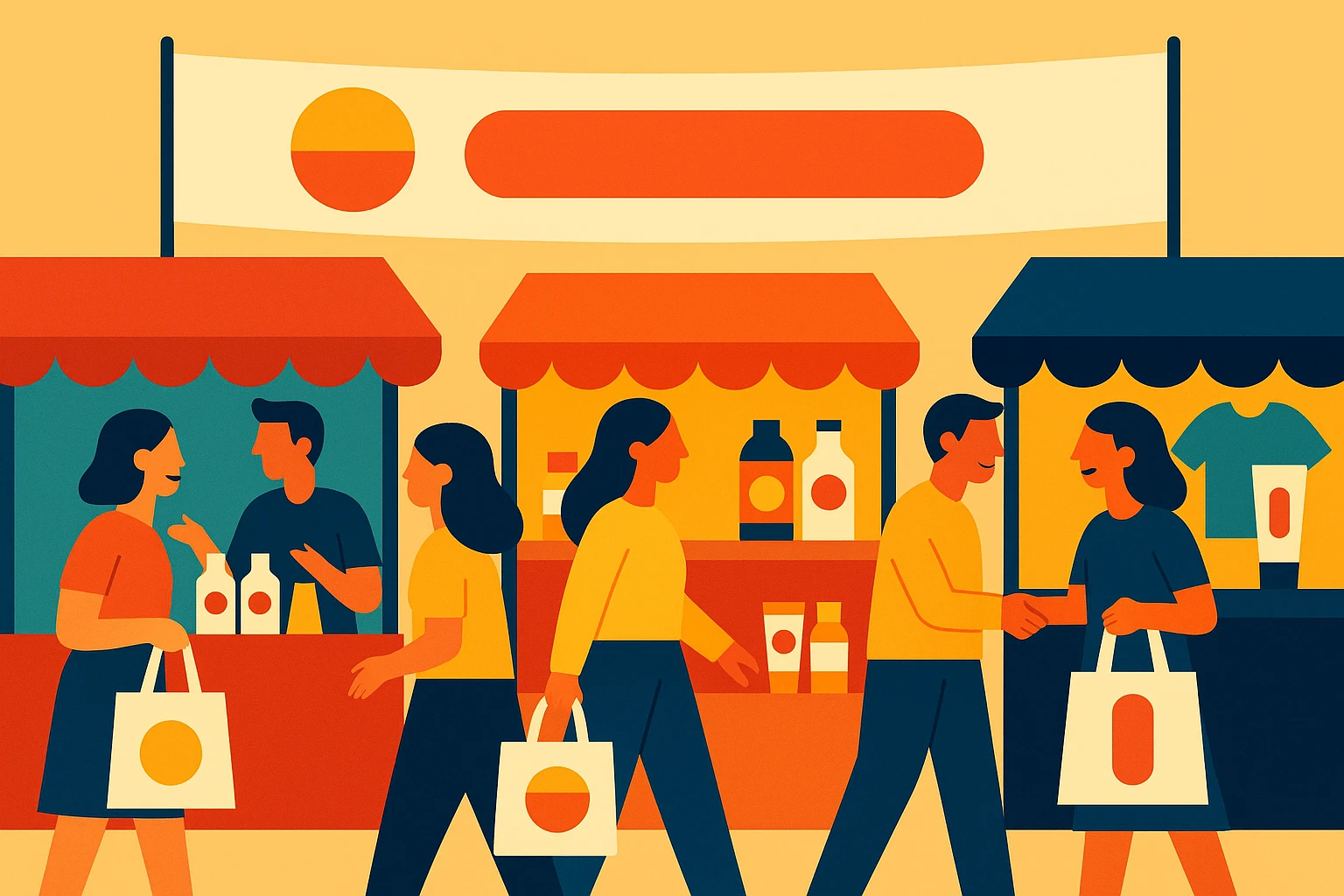 A vibrant street market scene with a variety of colorful stalls displaying branded products, a prominent banner hanging above showcasing the brand's logo and engaging tagline, customers interacting cheerfully while holding custom-designed reusable bags.