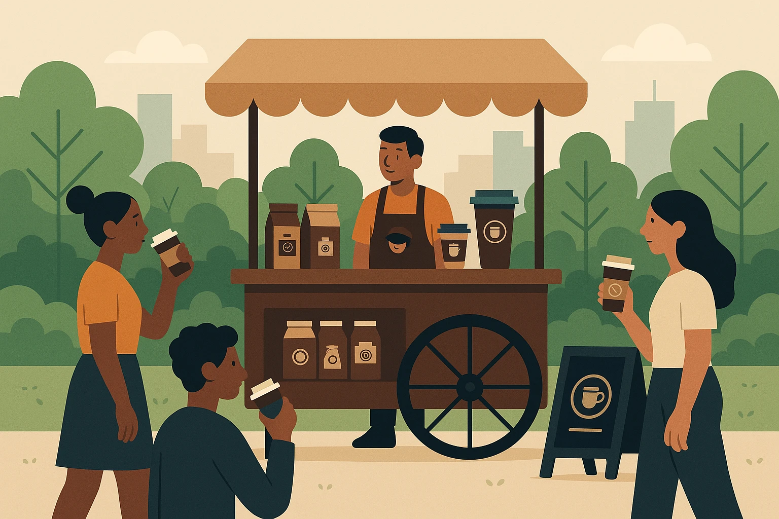 A pop-up coffee cart in a bustling urban park, adorned with branded travel mugs and eco-friendly packaging, surrounded by chalkboard signs showcasing a consistent brand message and logo, attracting a diverse group of passersby savoring their drinks.