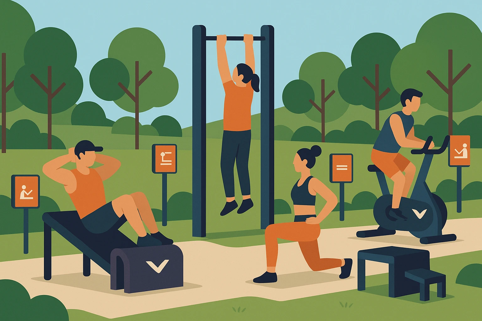 A well-designed outdoor fitness trail with branded exercise stations and equipment, featuring personalized workout tips displayed on small plaques next to each station, surrounded by trees and green spaces, with fitness enthusiasts engaged in various exercises.