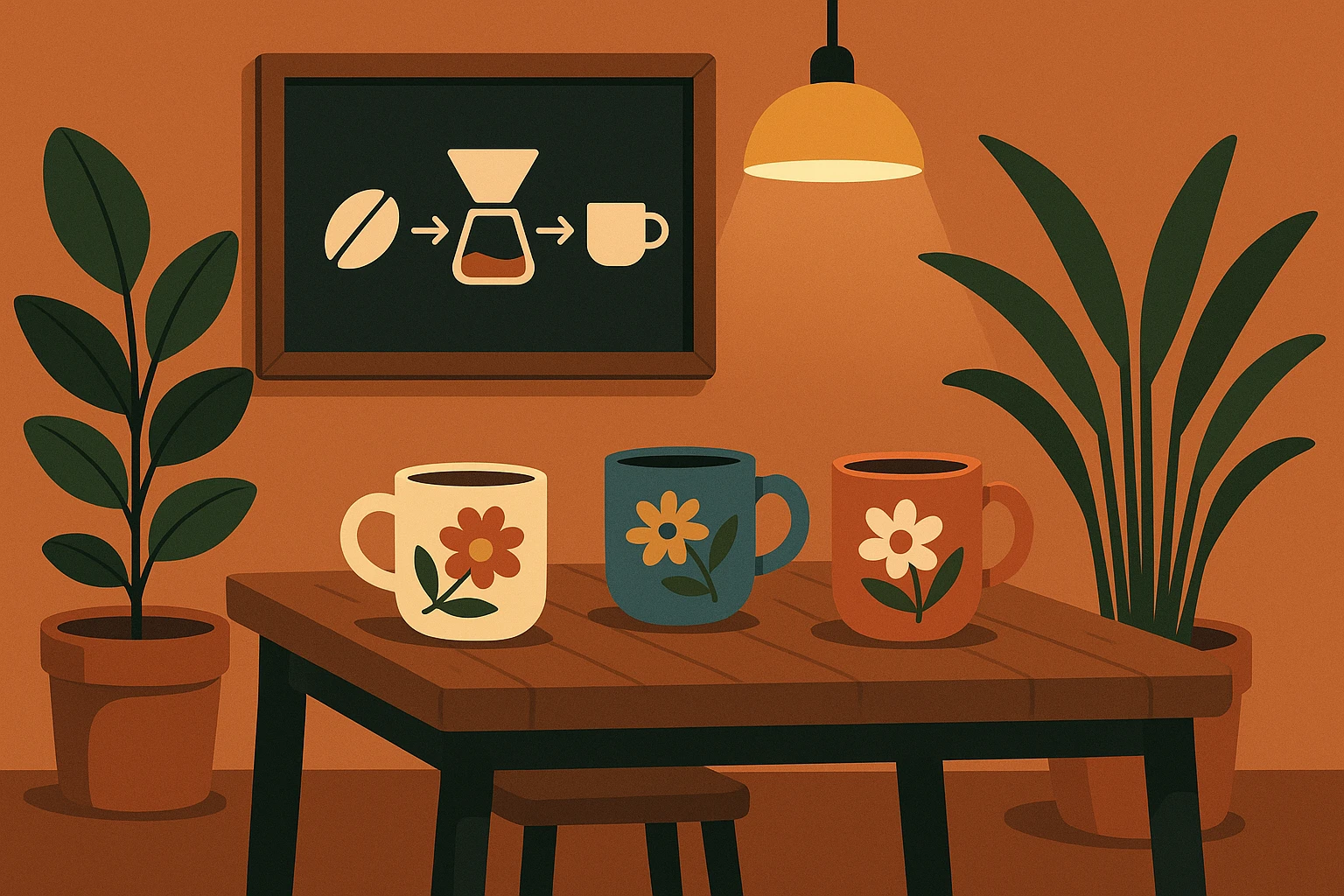 A cozy corner of a bustling local coffee shop displaying a rustic table adorned with hand-painted mugs and a chalkboard highlighting the owner's journey from bean selection to the perfect brew, surrounded by potted plants and warm ambient lighting.