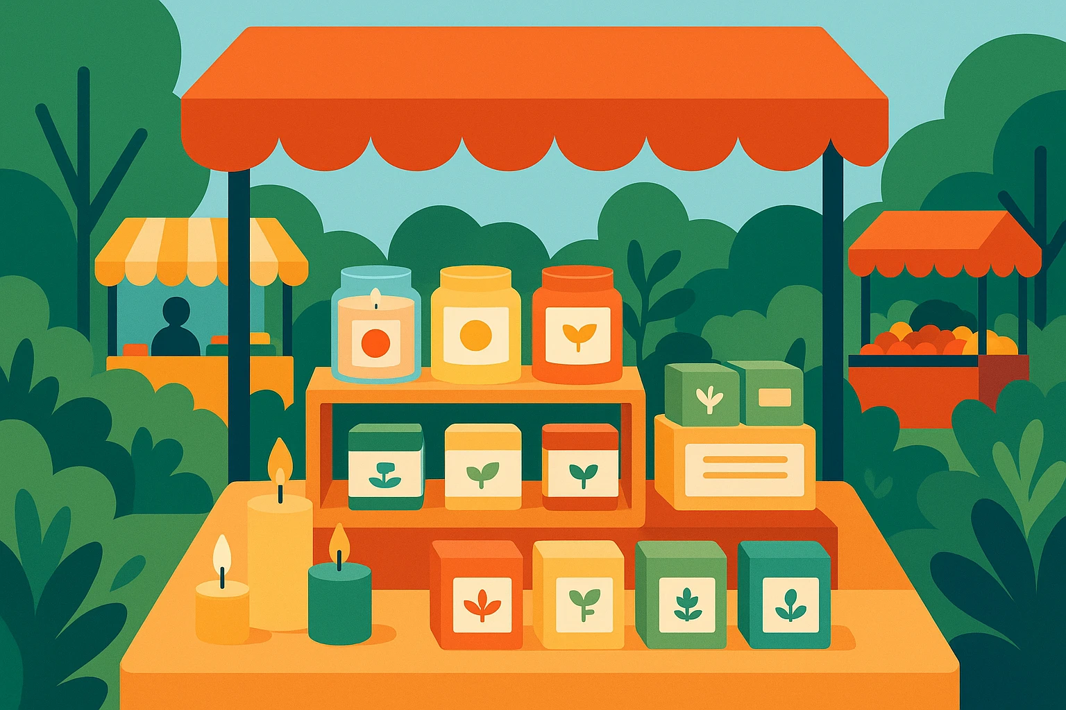 A vibrant farmers' market scene, featuring a colorful stand of handmade candles and soaps with custom labels, surrounded by lush greenery and nearby charming stalls, capturing an atmosphere of community collaboration and local enterprise.