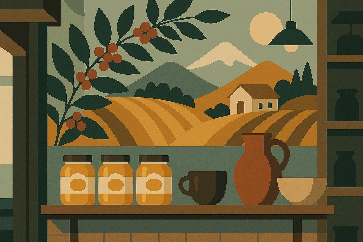A cozy, rustic shelf inside a small coffee shop displaying jars of locally sourced honey and handmade pottery, with a collaborative mural featuring farm landscapes and coffee plants painted by local artists in the background.
