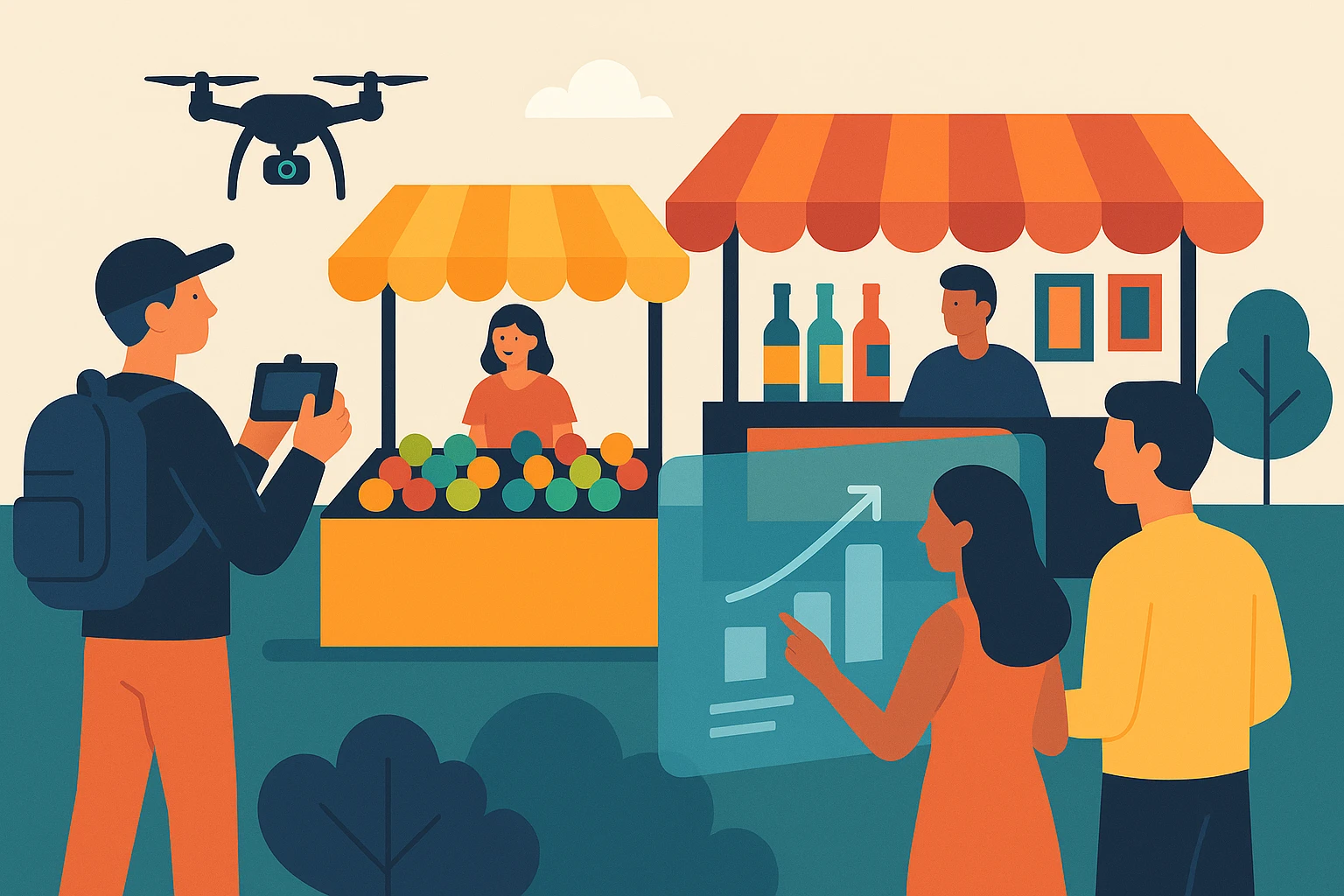 A bustling outdoor market scene featuring vibrant stalls full of colorful products, with a content creator using a drone to capture dynamic aerial shots while visitors engage with interactive holographic displays.
