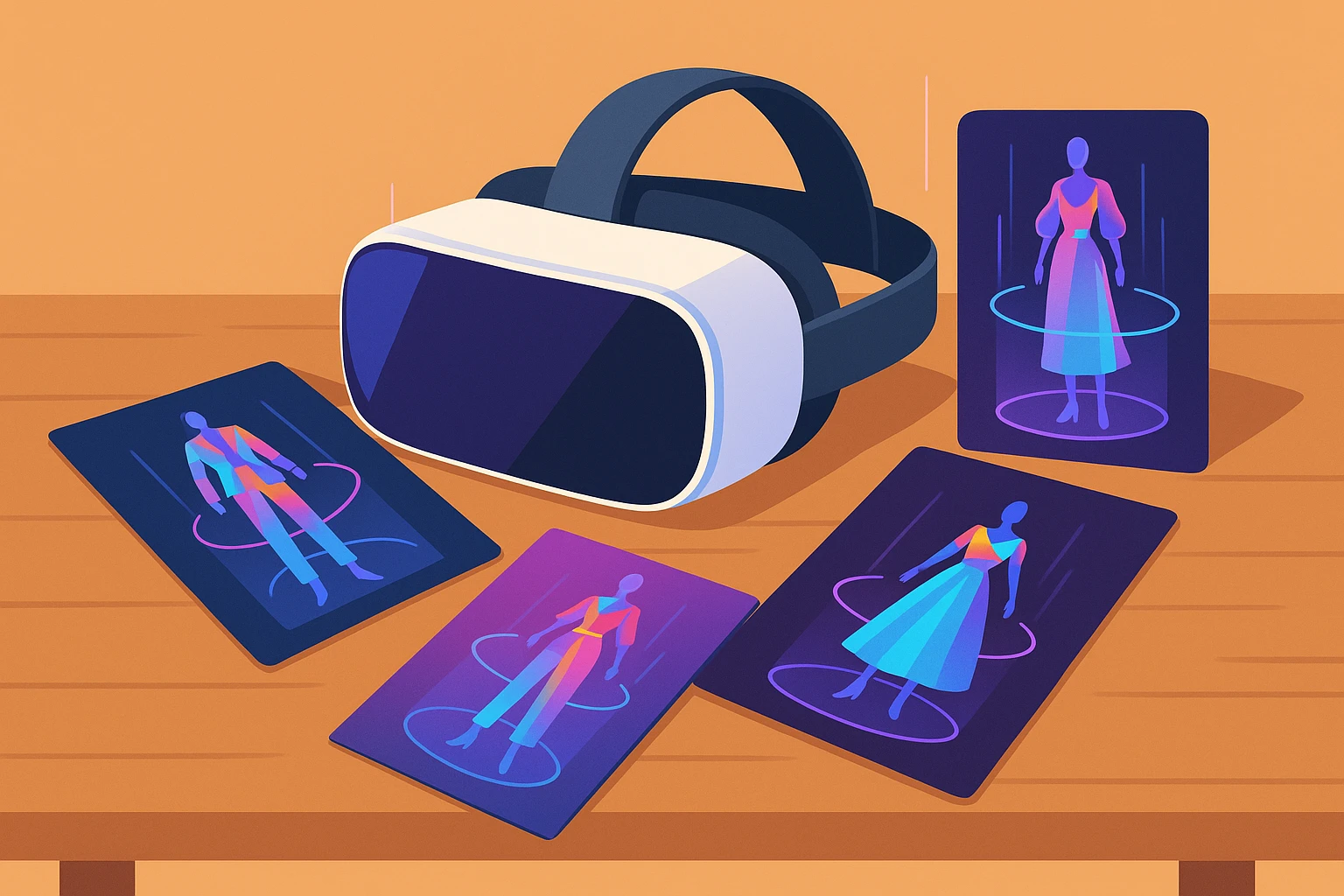 A futuristic virtual reality headset on a modern wooden table, surrounded by brochures of a virtual fashion show, with vibrant colors and intricate designs depicting holographic clothing collections projected in mid-air.