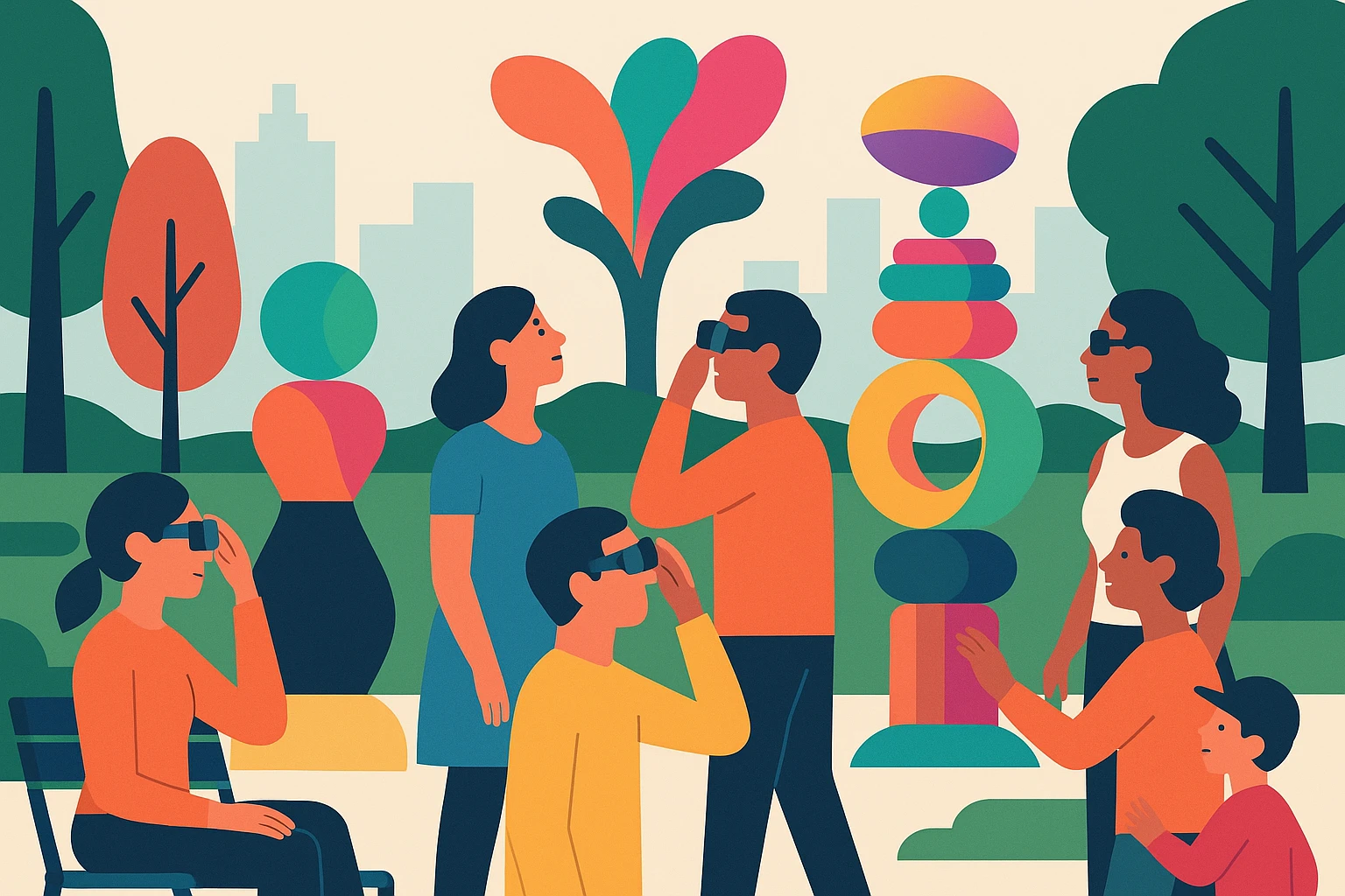 A city park with a vibrant art installation featuring interactive augmented reality sculptures that change colors and shapes when viewed through AR glasses, surrounded by a diverse crowd engaging with the digital artworks.