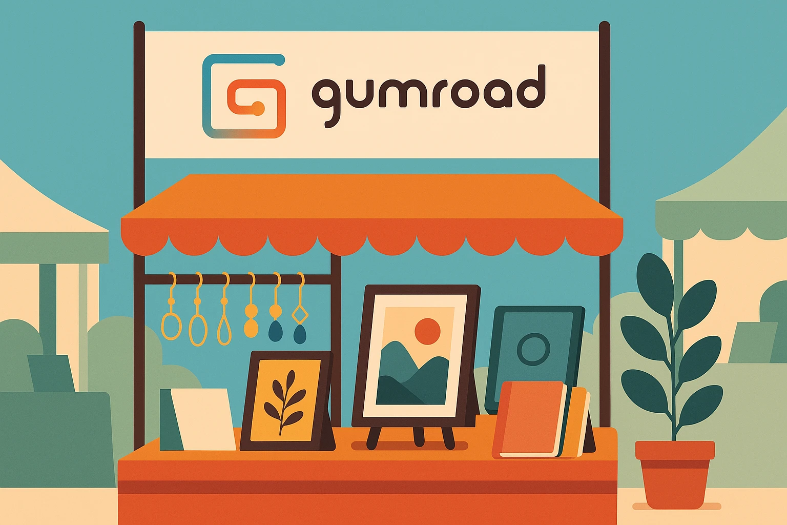 A vibrant outdoor market stall filled with indie creator products, showcasing handcrafted jewelry, illustrated prints, and artisanal notebooks, with a large 