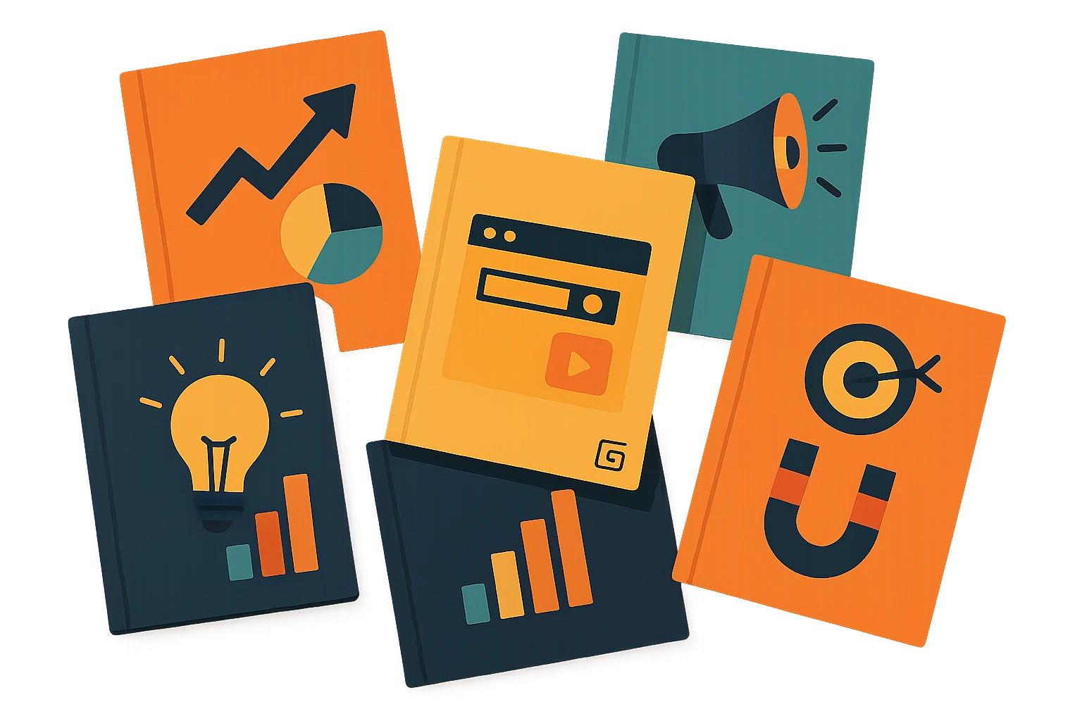A collection of glossy guides and e-books spread out on a wooden table, each cover featuring creative graphics and bold typography about marketing strategies, with a small Gumroad logo subtly placed in the corner of one guide.