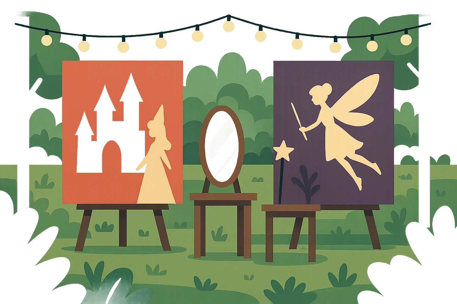 An outdoor marketing event in a lush garden setting features large banners displaying enchanting fairy-tale themes with bold typography, surrounded by elegant fairy lights and wooden stands showcasing magical props like enchanted mirrors and whimsical wands.