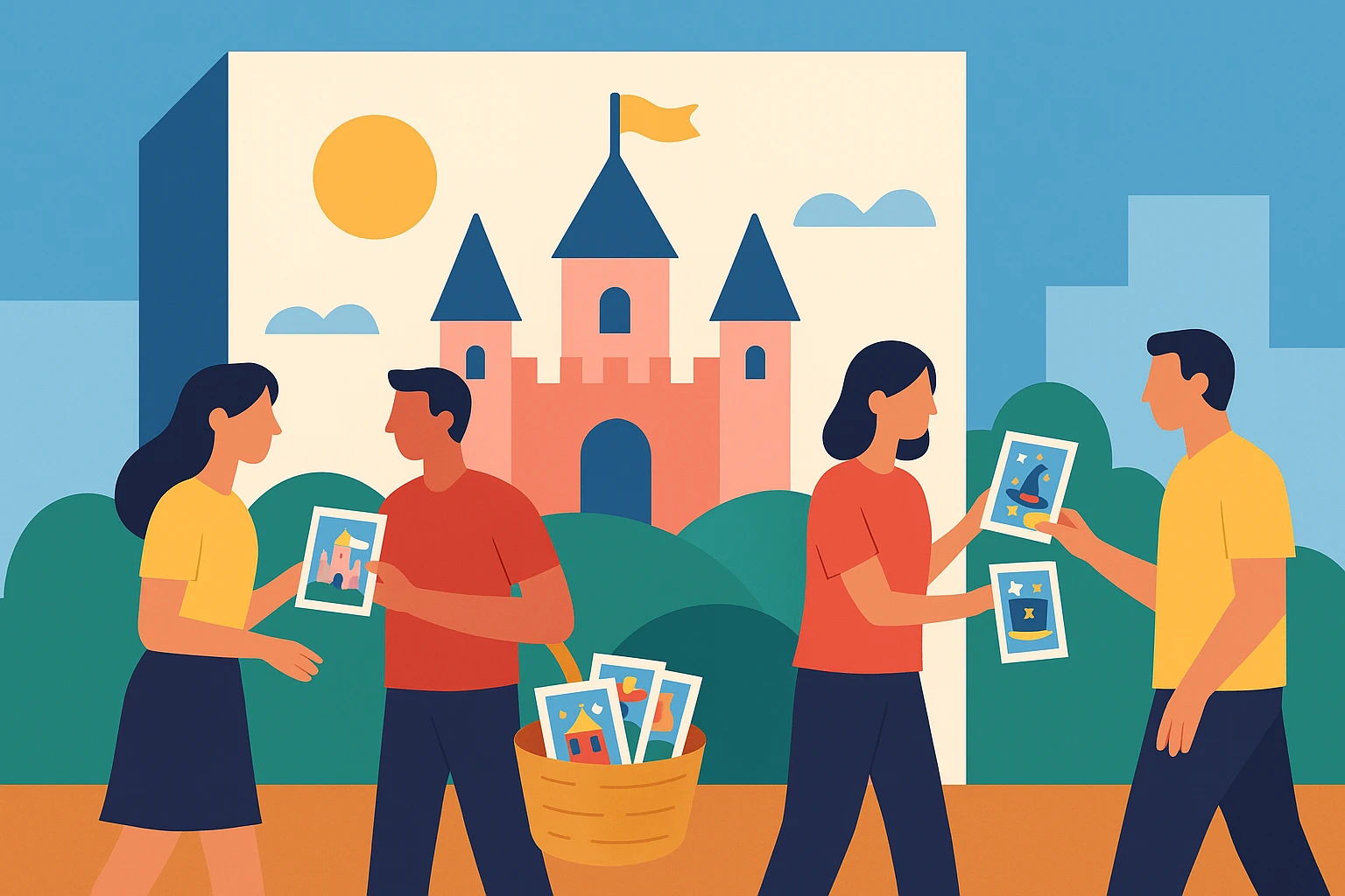A vibrant street scene features a large street mural depicting a whimsical fairy-tale castle, with marketers handing out colorful brochures with fairy-tale themed designs to intrigued passersby, all under a clear blue sky.