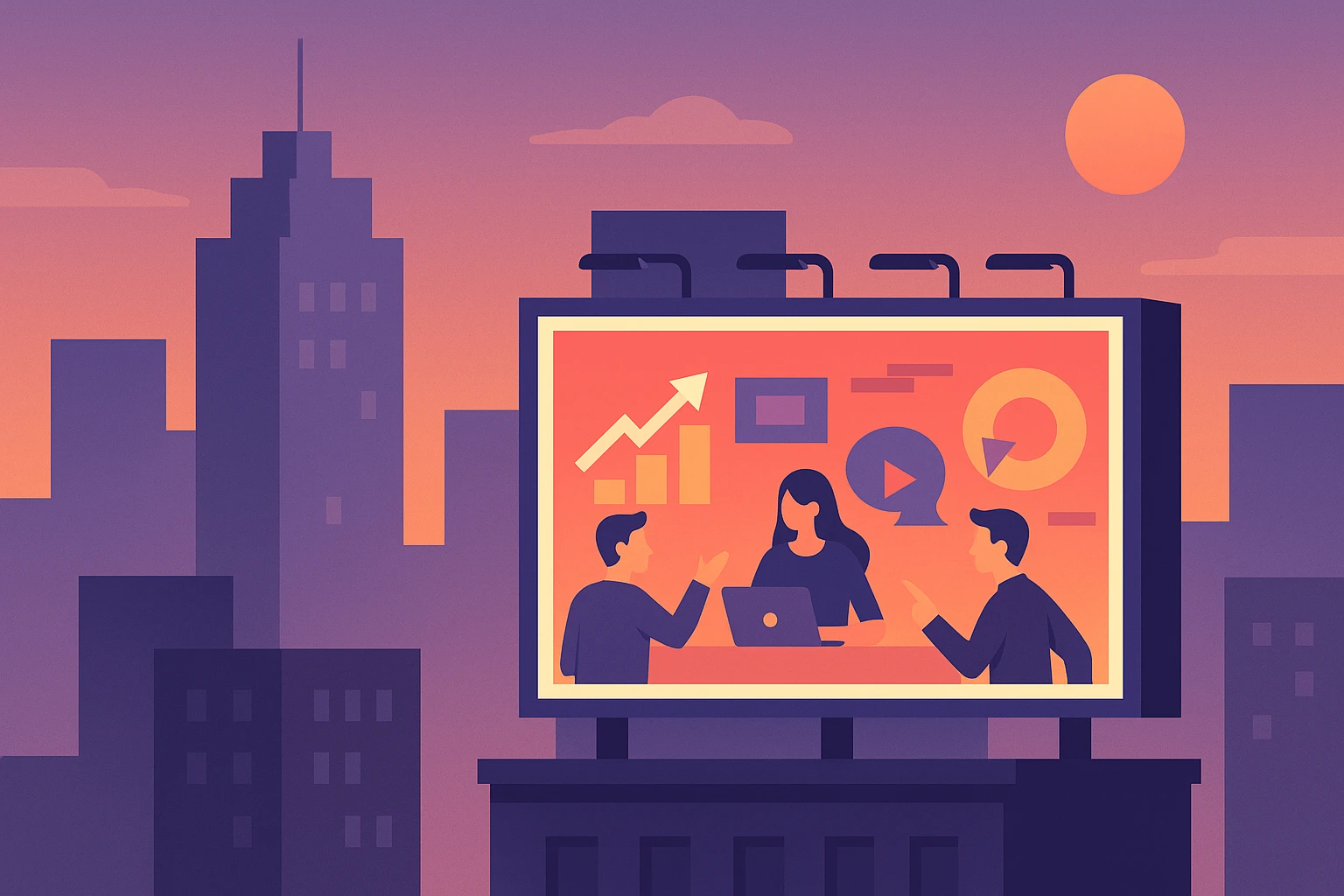 A cityscape at dusk with a large, vibrant billboard showcasing a B2B product, featuring dynamic graphics and a narrative-driven tagline that captivates passersby.