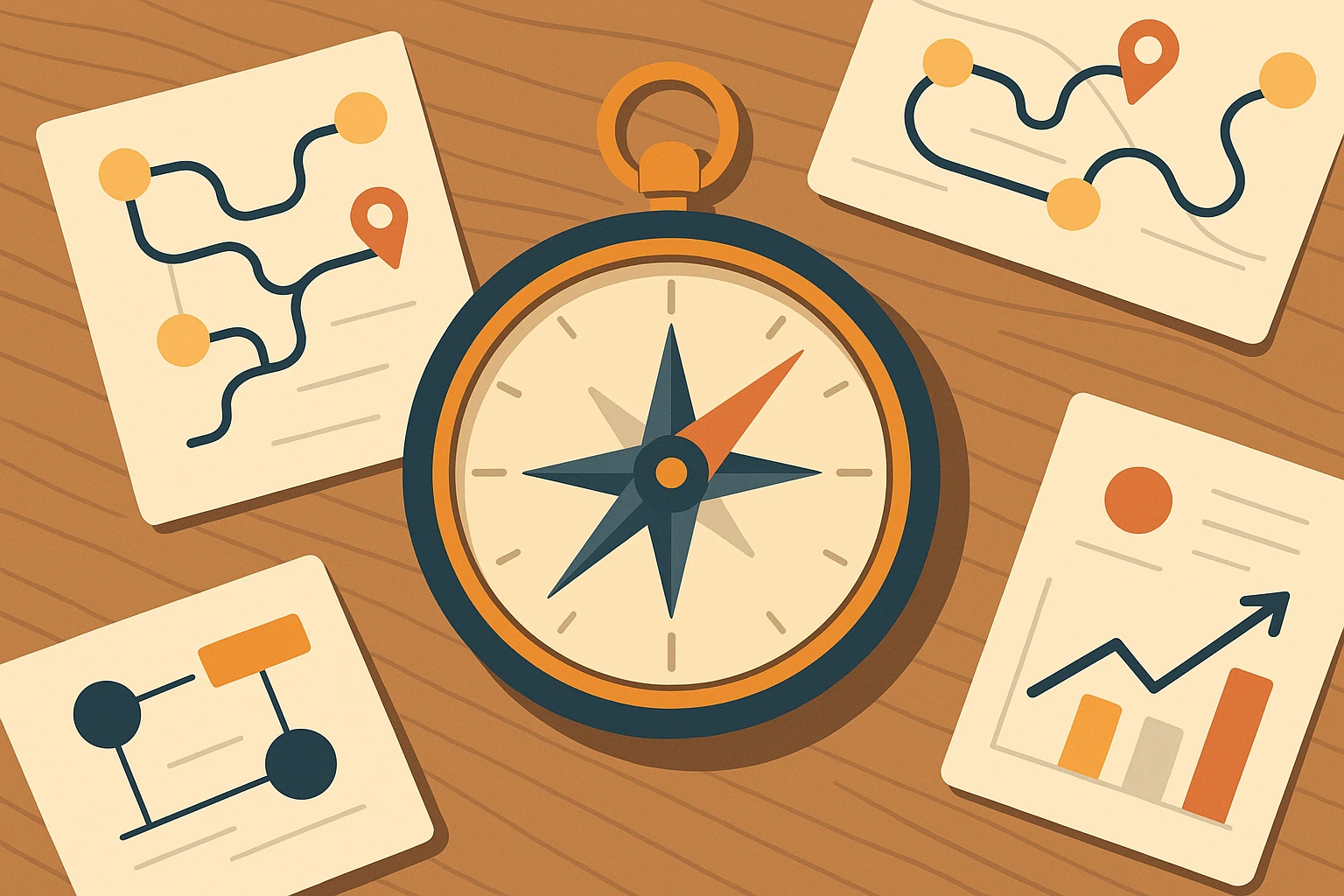 A close-up of a vintage compass on a wooden table, surrounded by scattered papers and sketches that depict a company's journey map, with markers highlighting key milestones and success stories in B2B marketing.