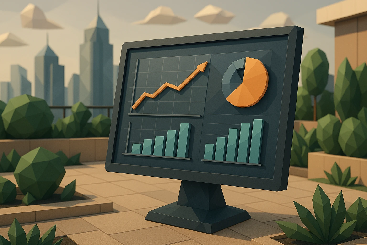 A sleek, modern financial dashboard displayed on a large touchscreen, with graphs and charts illustrating the relationship between PFN and EBITDA, set against a backdrop of a stylish urban rooftop garden with city skyscrapers in the distance.