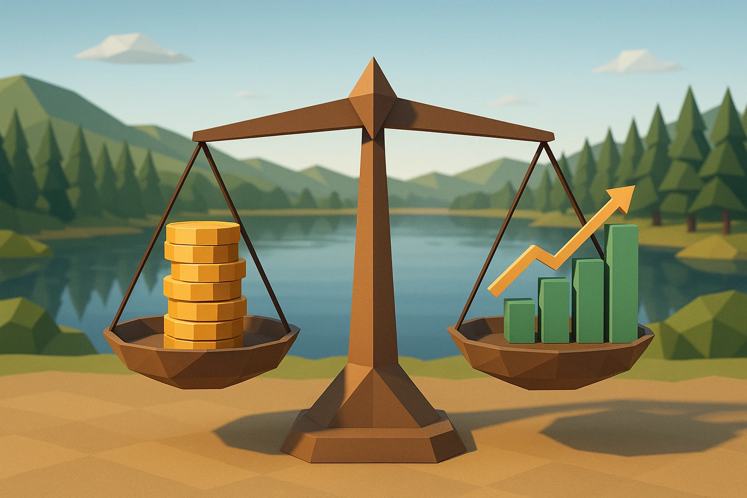 A scale model of two balancing scales outdoors, one side holding a stack of coins labeled 