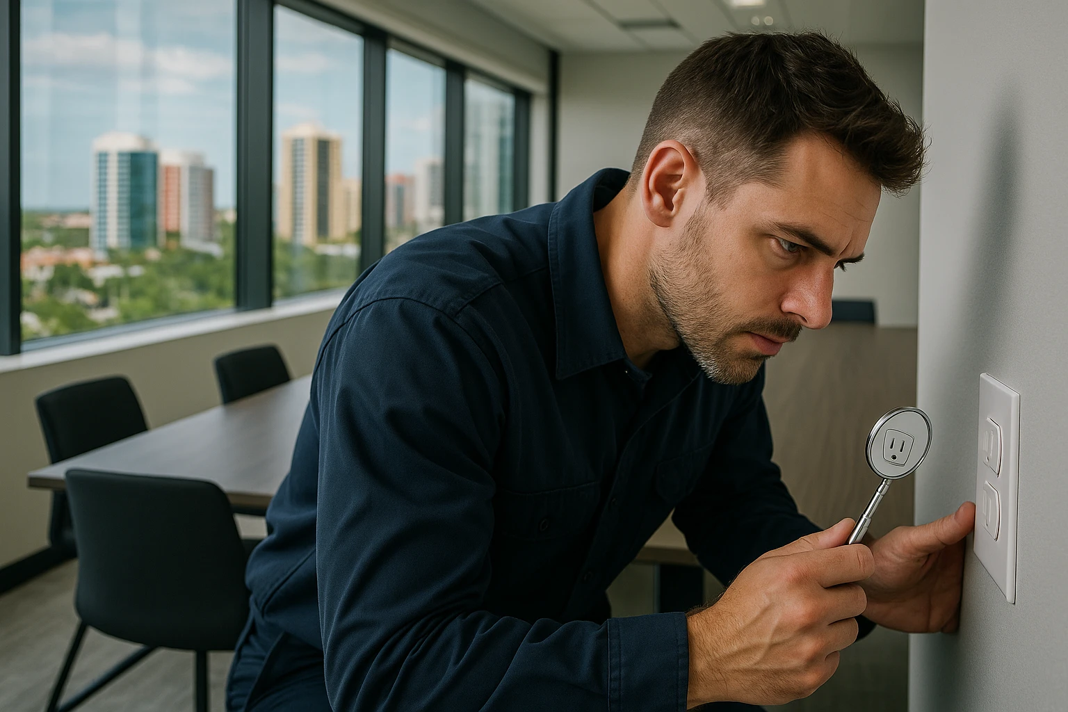 A technician examining a wall outlet with a small, handheld inspection mirror in a modern conference room, featuring sleek, minimalist furniture and large windows overlooking a vibrant cityscape in Weston, Florida.