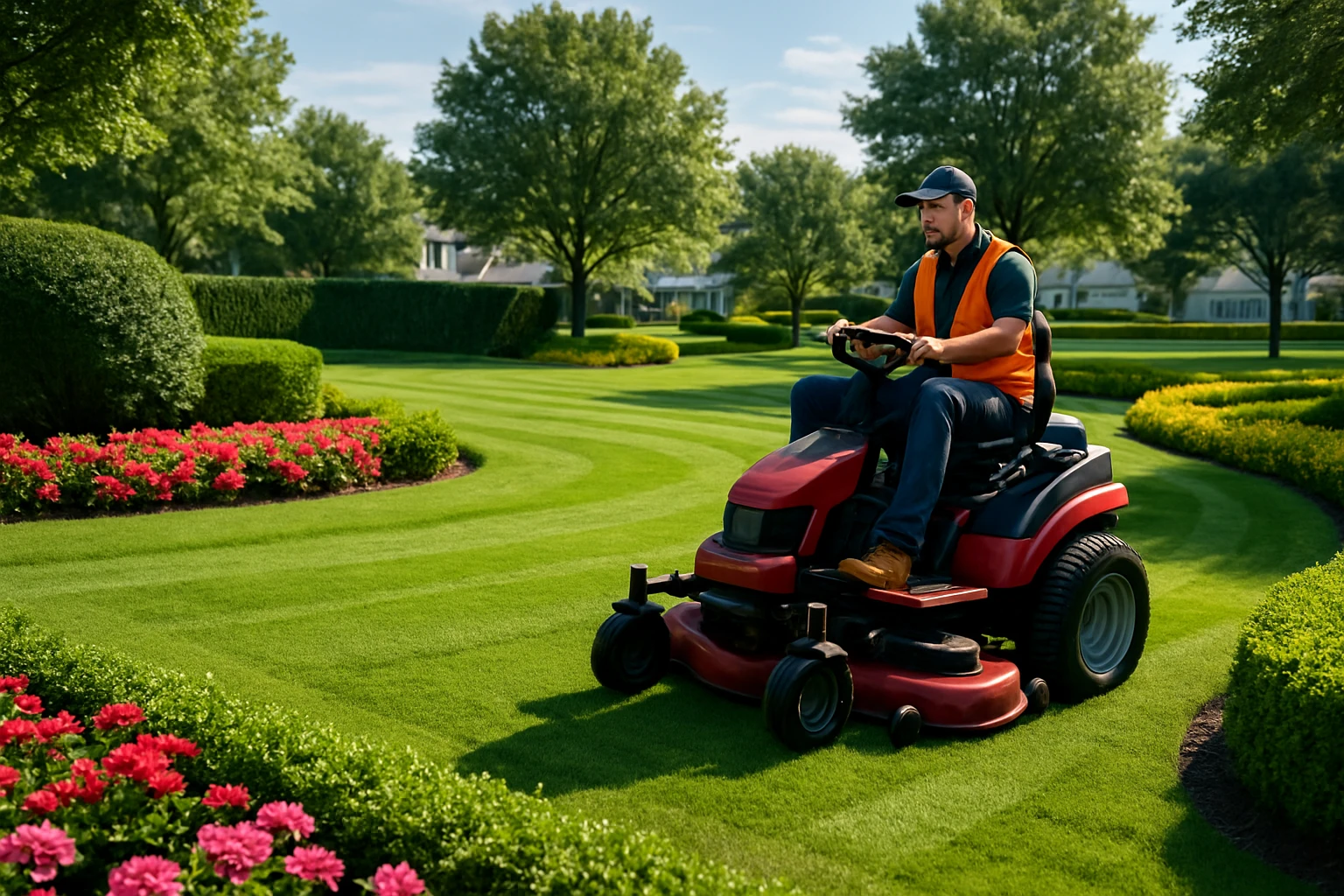 A well-manicured common area in a neighborhood park showcasing lush green grass, neatly trimmed hedges, vibrant flower beds, and a worker using a riding lawnmower under a sunny sky.