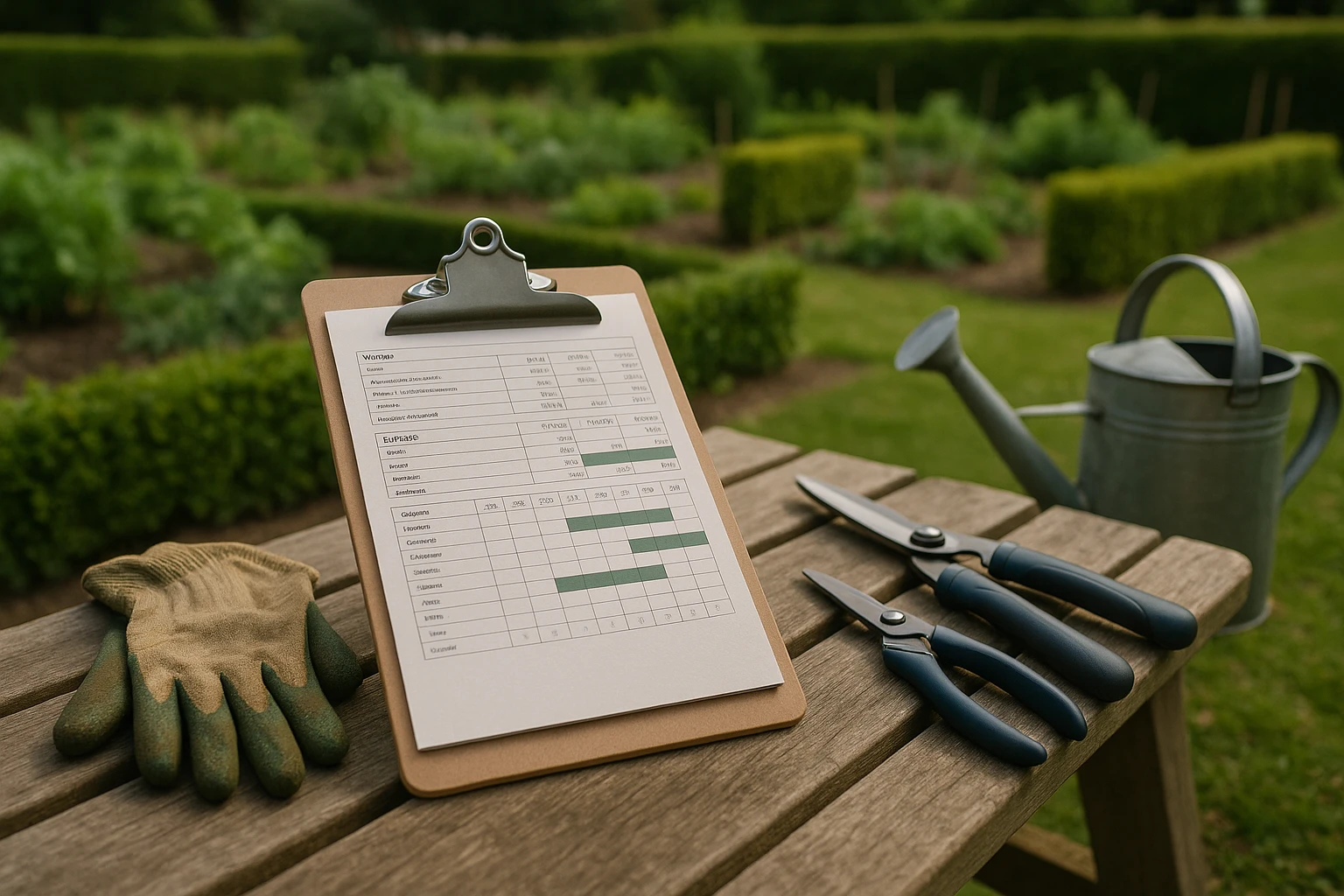 A close-up of a clipboard with a detailed lawn care budget and schedule, lying on a wooden bench surrounded by gardening tools like gloves, shears, and a watering can, set against a backdrop of a well-maintained community garden with hedgerows.