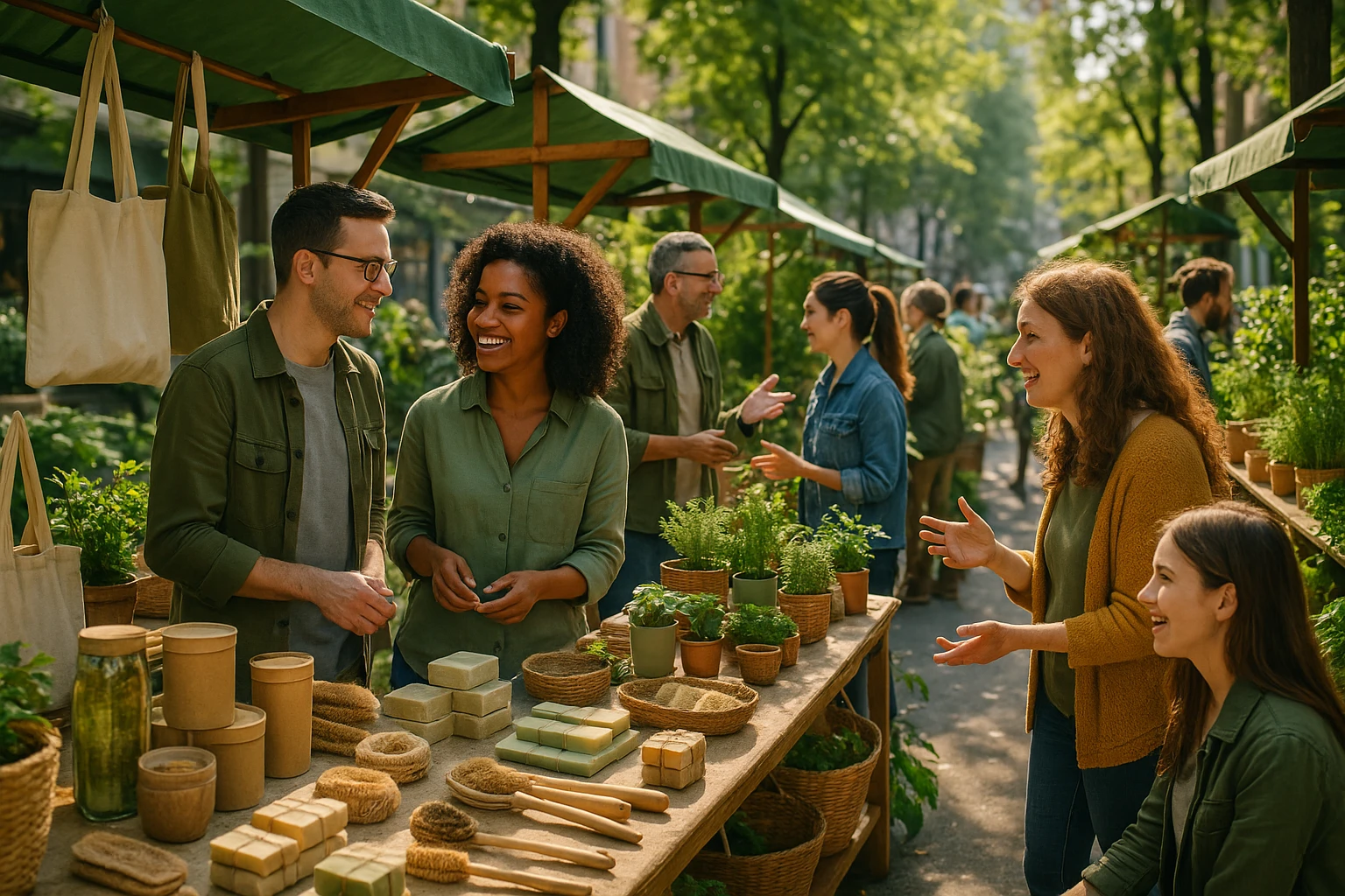A vibrant street market with eco-friendly products displayed on wooden stalls, surrounded by greenery and people engaging in lively discussions about sustainability initiatives.