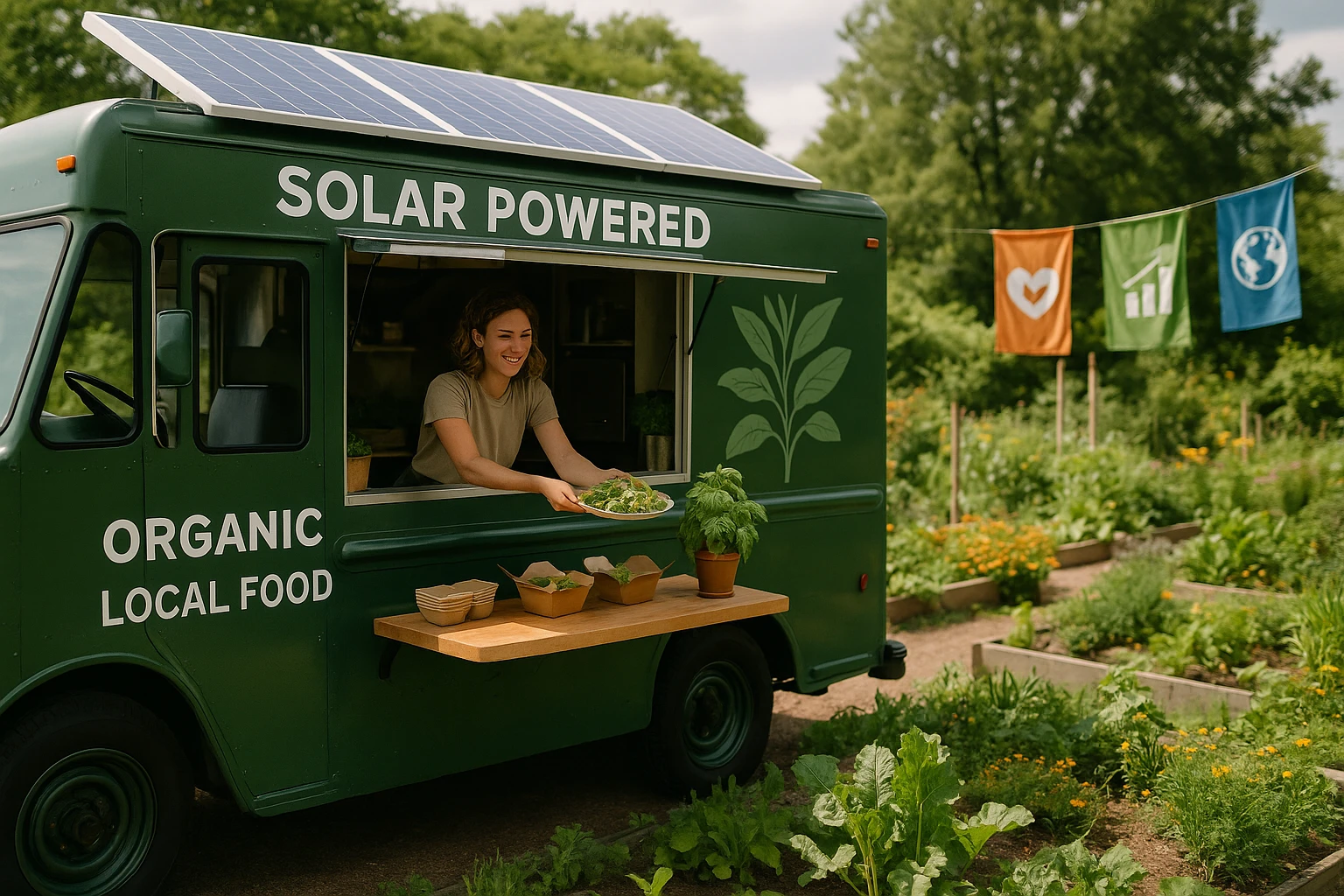A solar-powered food truck serving organic, locally-sourced meals, parked in a lush community garden with colorful banners showing sustainability achievements.