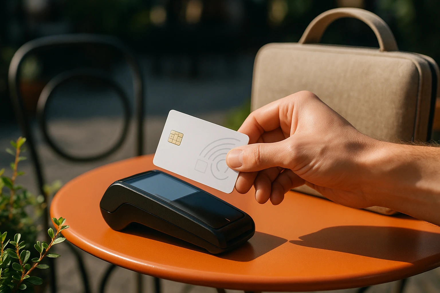 A professional card with embedded smart technology features is being inserted into a sleek card reader on a vibrant outdoor café table, surrounded by small plants and a sunlight-lit laptop bag beside a chair.