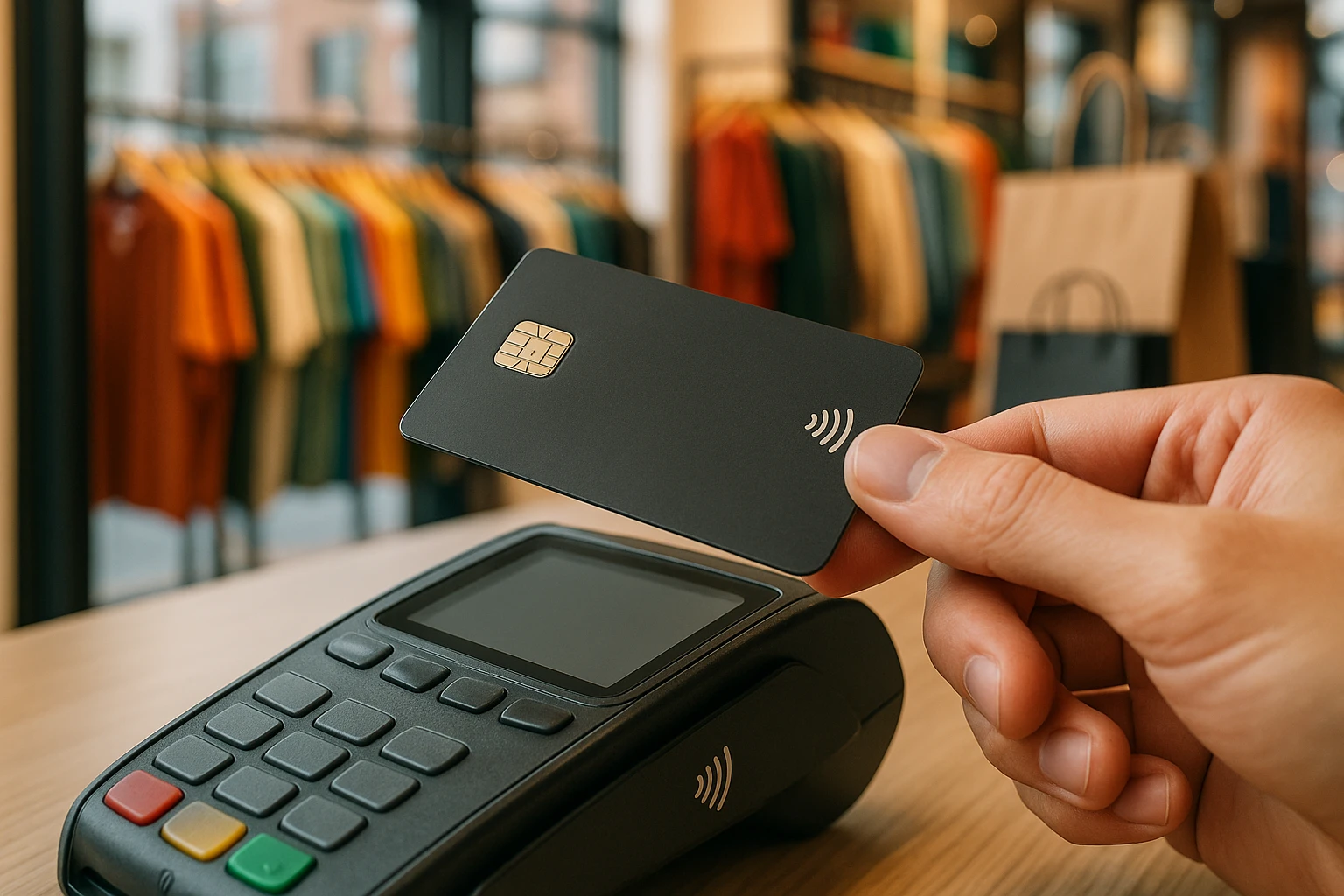 A close-up of a professional smart payment card with an EMV chip being tapped against a modern contactless payment terminal in a trendy downtown retail store, with colorful clothing displays and branded shopping bags in the background.