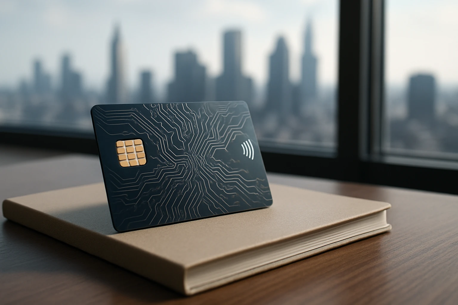 A sleek smart payment card with a visible network of intricate circuits is placed on a table beside a notebook, with a cityscape skyline visible through a nearby window in the background, suggesting advanced financial technology in an urban setting.