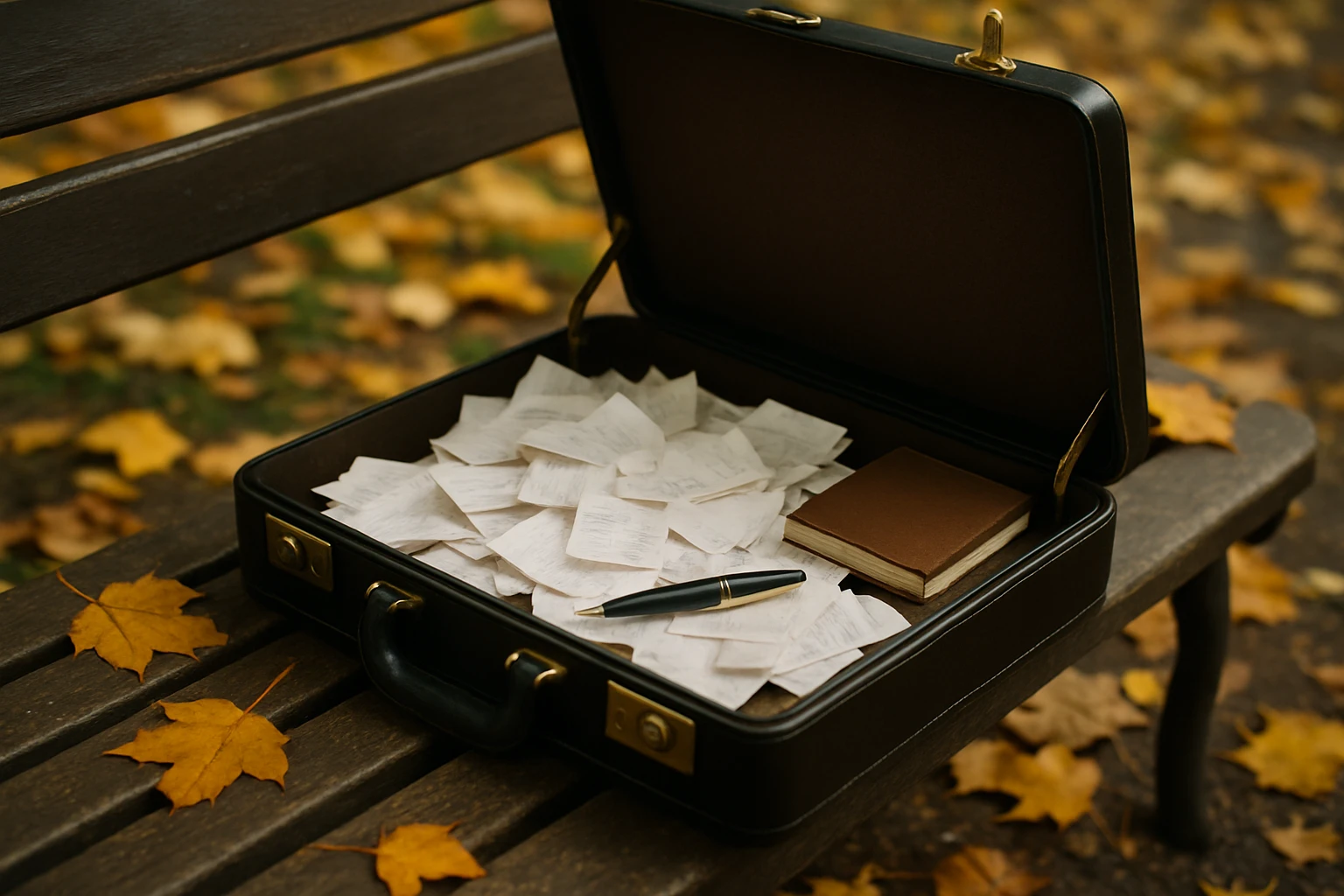 A close-up of a briefcase open on a park bench, containing an assortment of loosely placed receipts, a pen, and a small notebook, surrounded by autumn leaves.