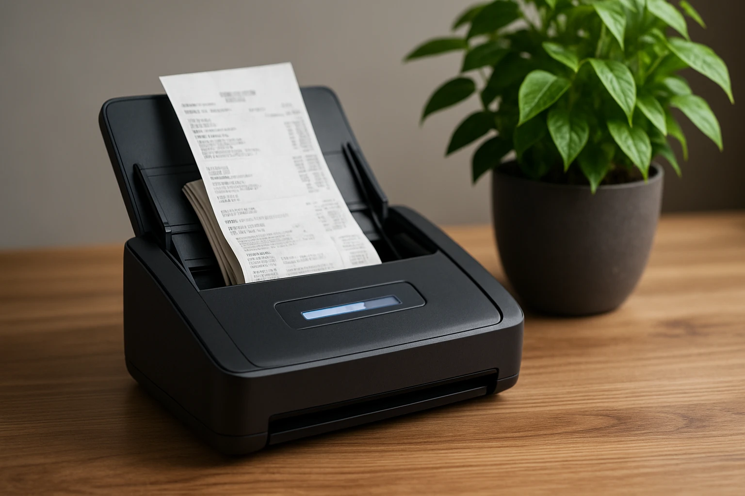 A sleek, modern scanner device on a wooden countertop, capturing a stack of receipts with a digital display showing processing progress, next to a pot of vibrant green indoor plant.