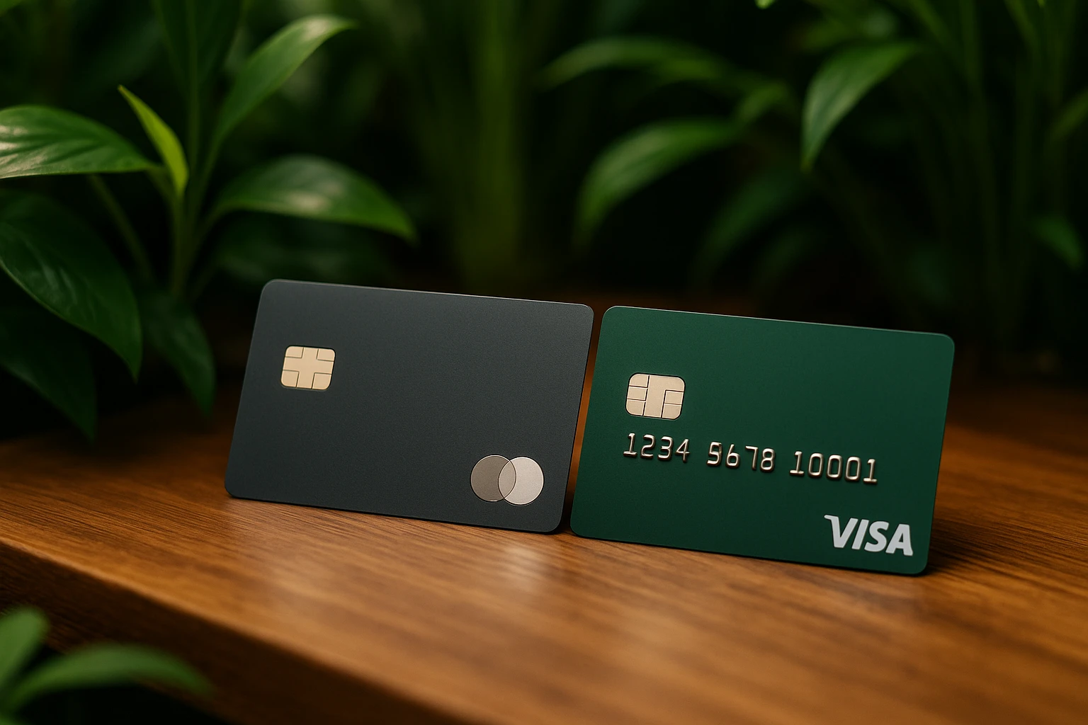 A close-up of a sleek, modern Mooncard and Greenway card resting on a wooden table surrounded by lush green plants, symbolizing financial efficiency and eco-friendly practices.
