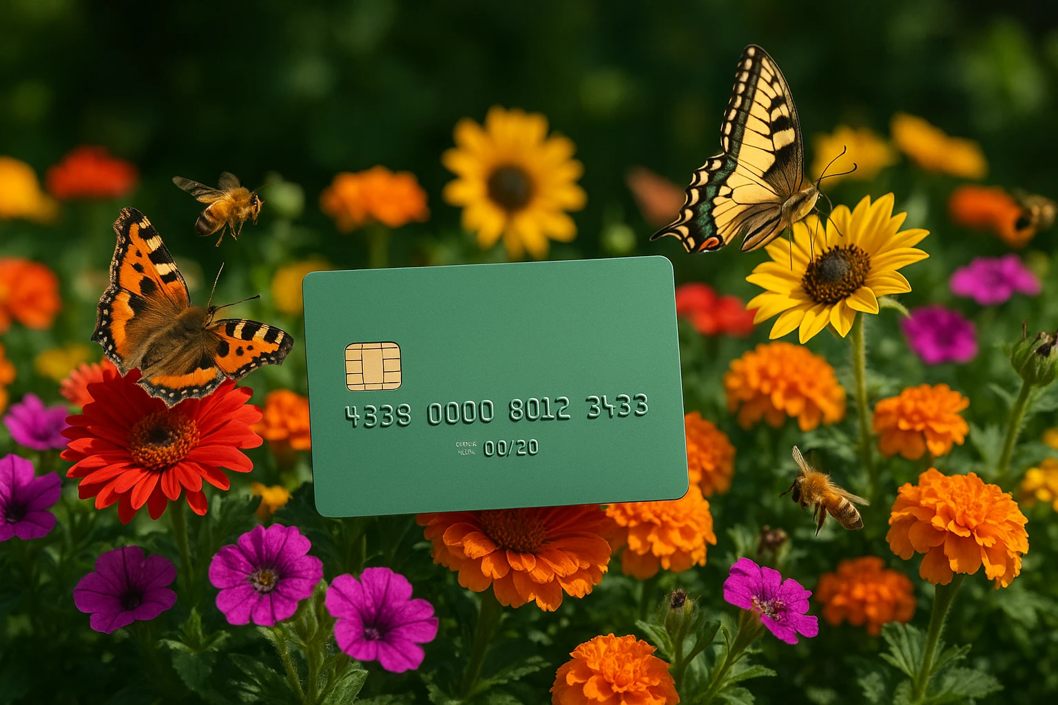 A Greenway card nestled in a vibrant flower bed, surrounded by butterflies and bees, symbolizing the harmony between financial transactions and eco-conscious practices.