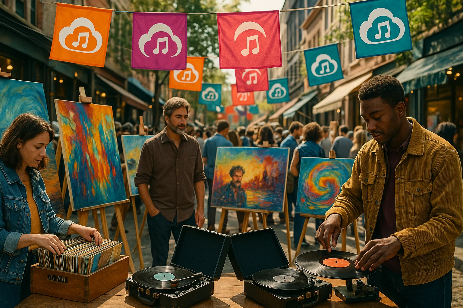 A bustling street market scene where artists showcase their work on vibrant canvases and vinyl records spin on portable turntables, while colorful banners overhead announce a digital music-sharing platform.