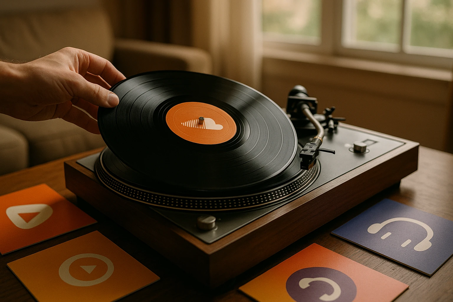 A close-up shot of a vinyl record being placed onto a spinning turntable in a cozy living room, surrounded by album covers that feature various music-sharing platform logos like SoundCloud, with a large window in the background letting in soft, natural light.