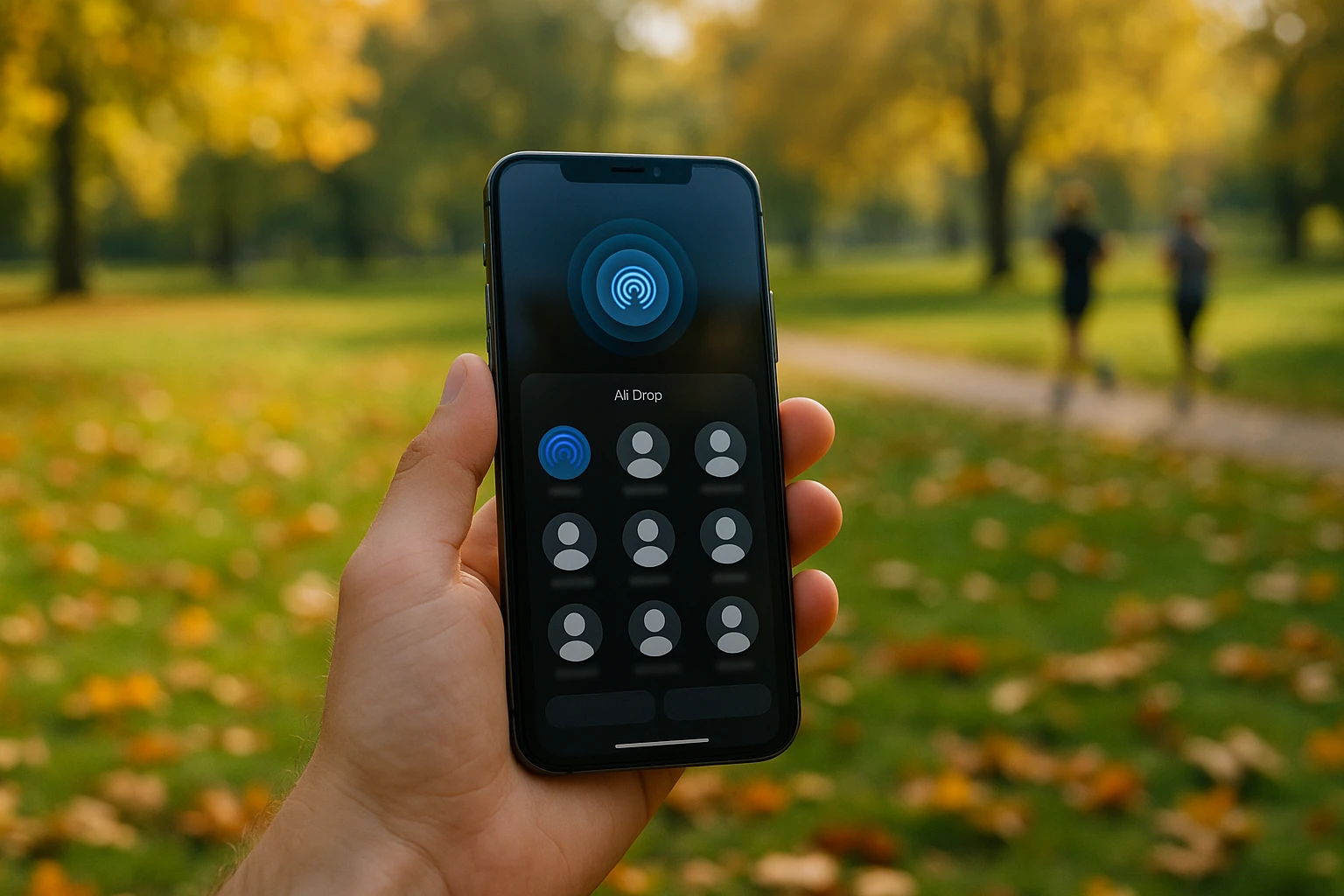 A sleek smartphone held in a sunlit park, displaying the AirDrop interface, with colorful autumn leaves scattered on the grass and distant joggers blurred in the background.