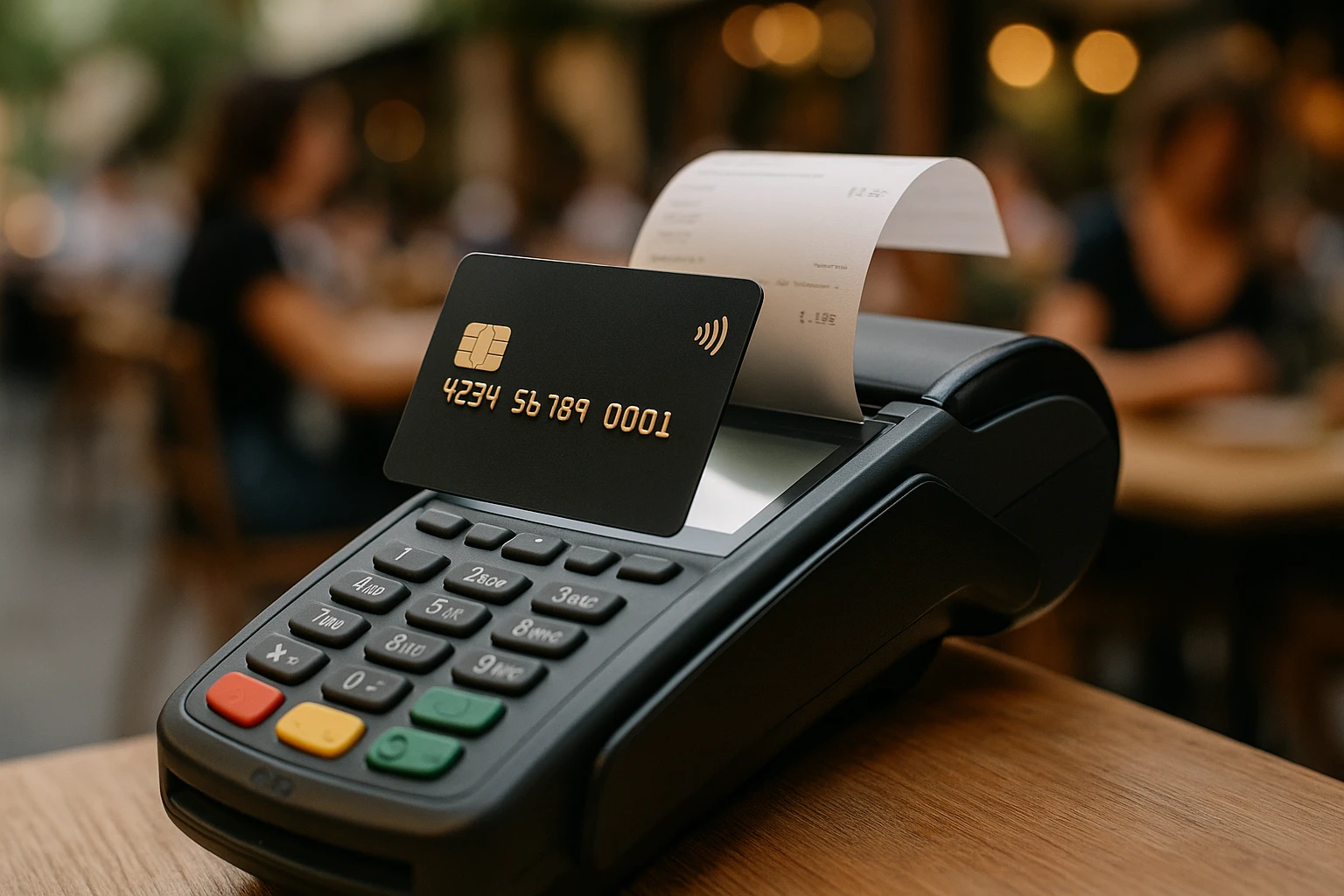 A sleek, branded credit card inserted into a payment terminal at a bustling outdoor café, with a receipt printer actively dispensing a confirmation, symbolizing seamless expense management on-the-go.