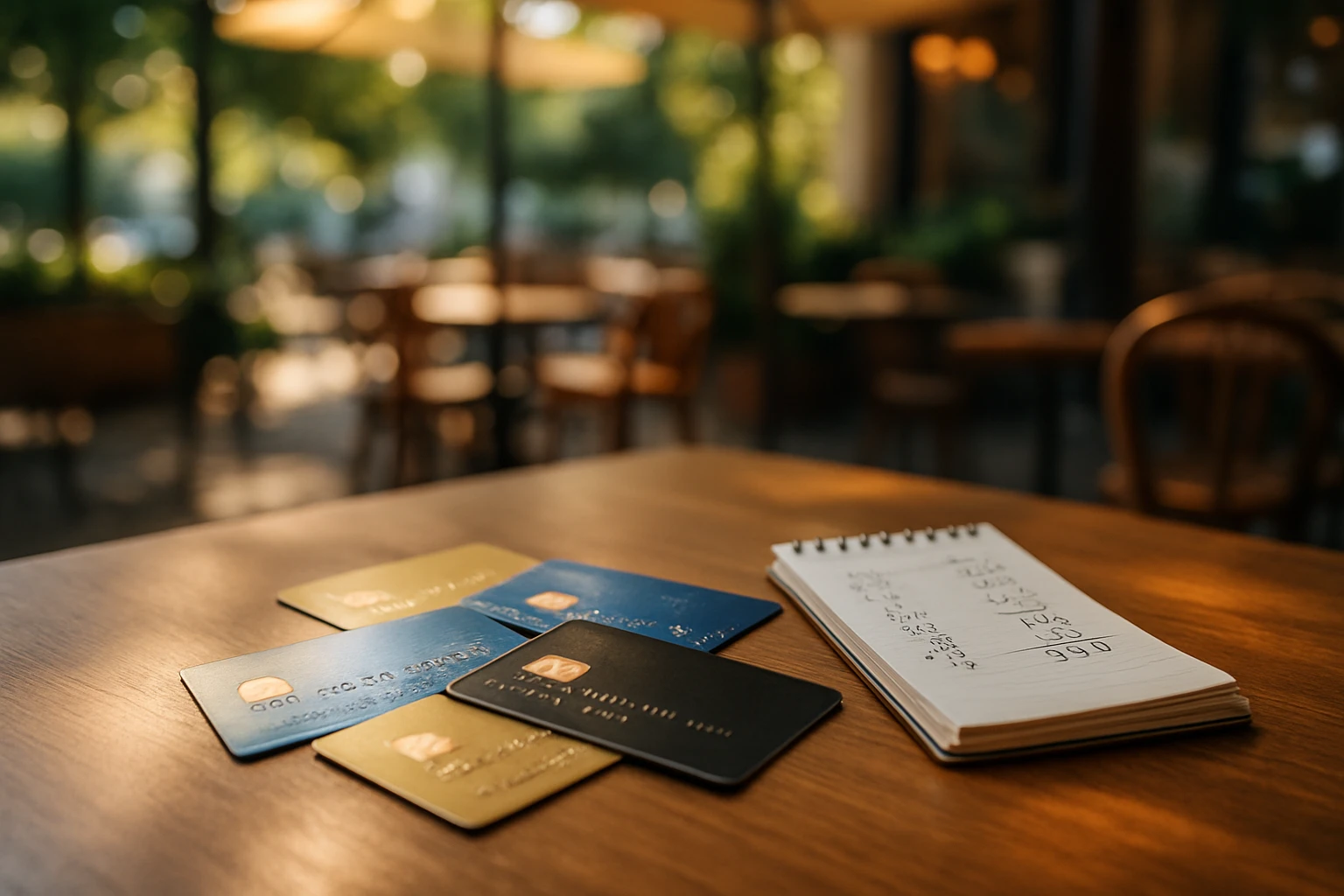 A variety of payment cards spread out on a table next to a small notepad with expense figures hand-written, set against a cozy outdoor café background with sunlight filtering through the trees.